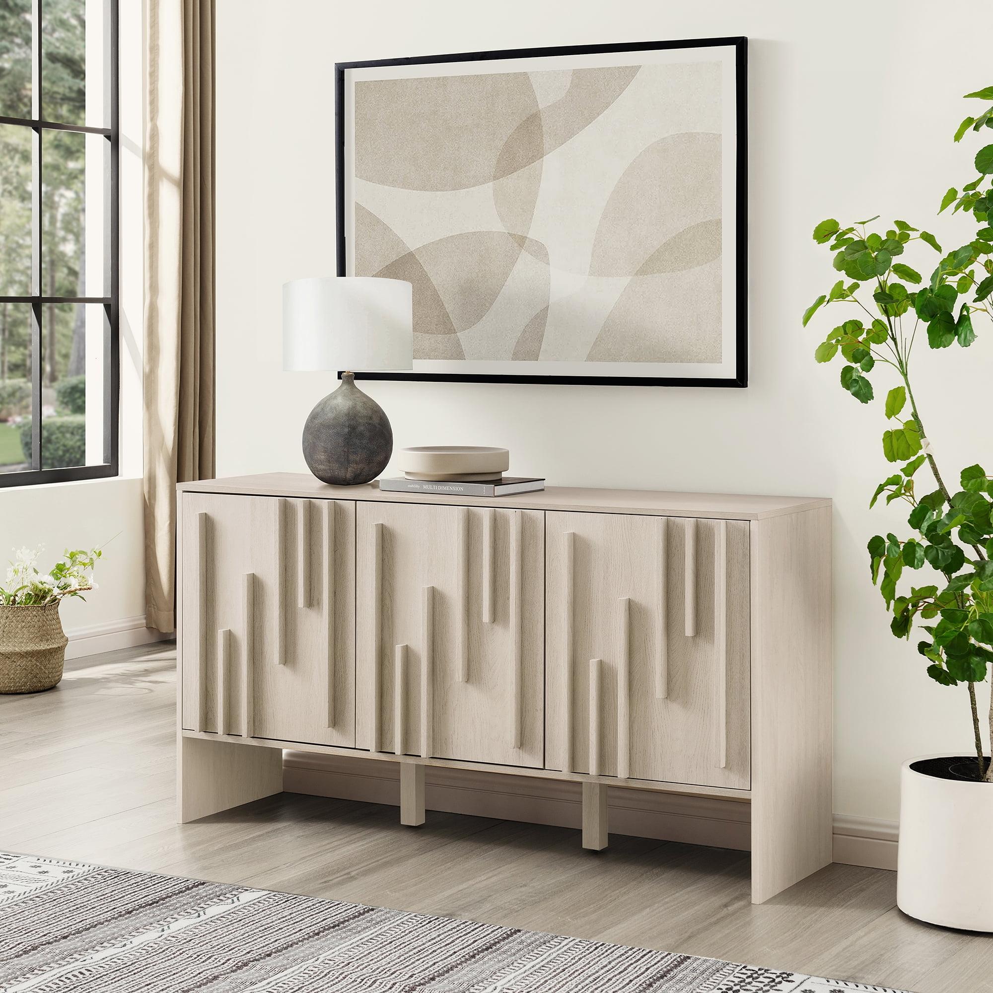 Walker Edison 55” Contemporary Vertical-Detailed 3-Door Sideboard, Ivory Oak