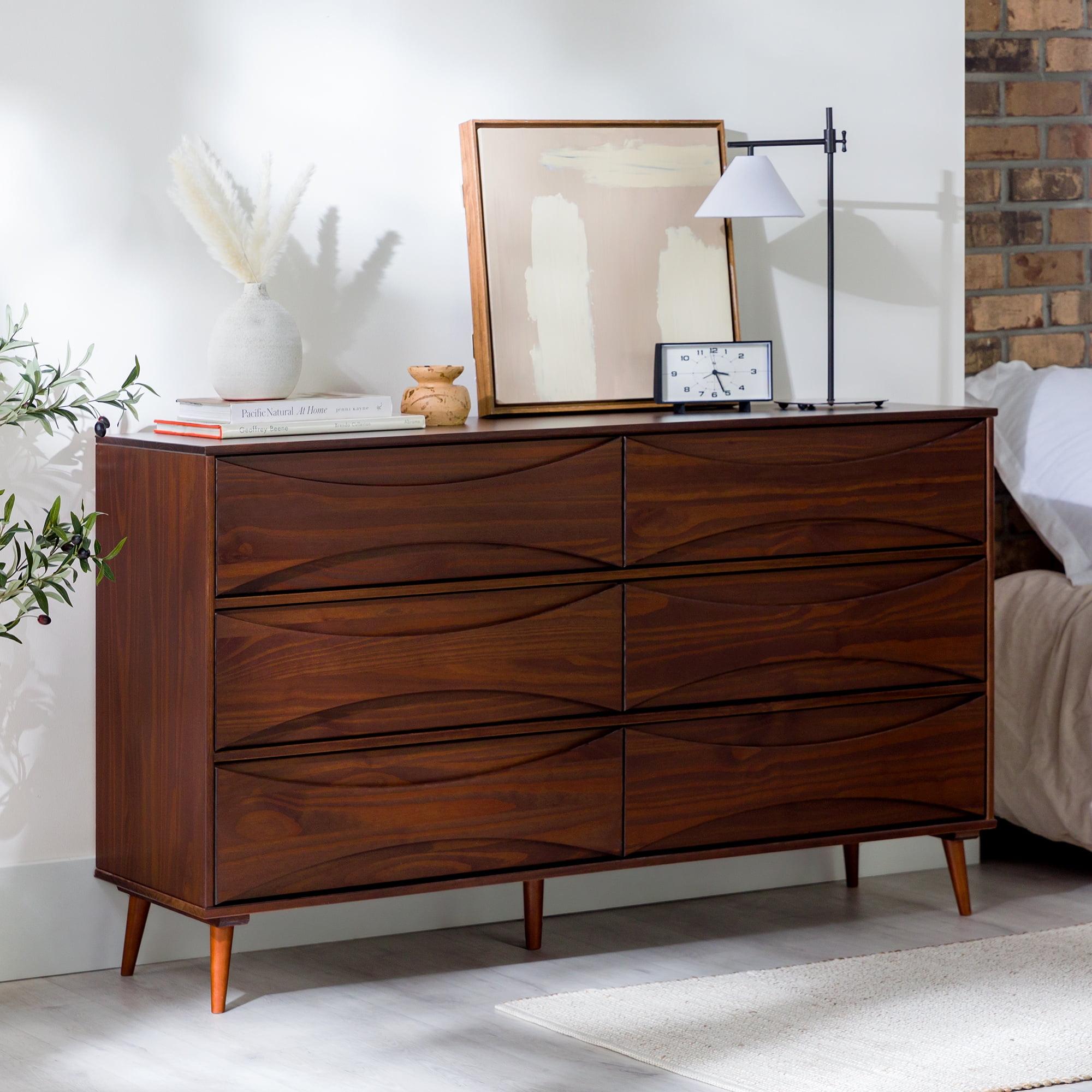Walker Edison 58” Mid-Century Modern Curved Front 6-Drawer Dresser, Walnut