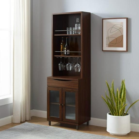Walker Edison 72” Contemporary Wine Storage Hutch Bar Cabinet, Dark Walnut