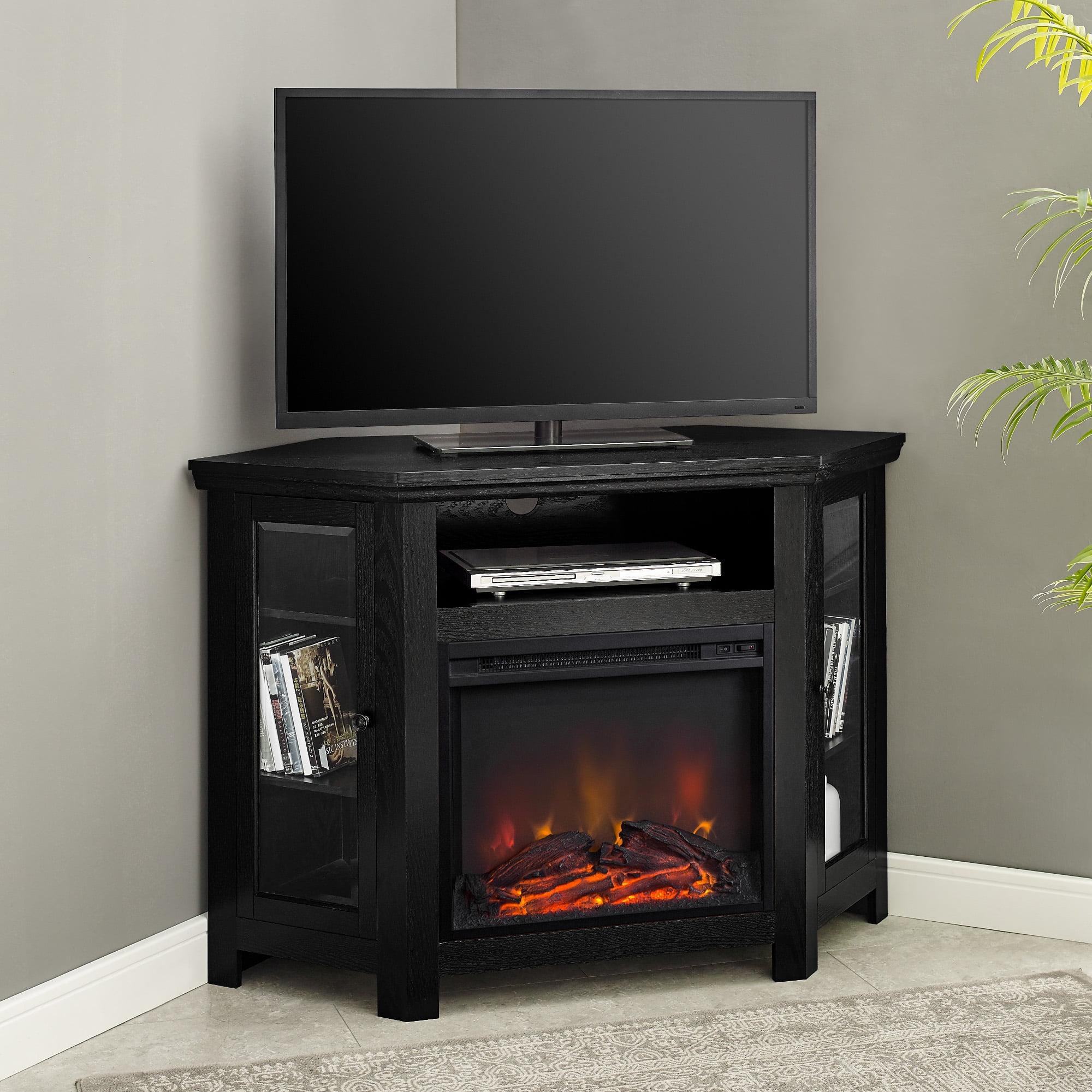 Black Corner TV Stand with Electric Fireplace and Cabinet