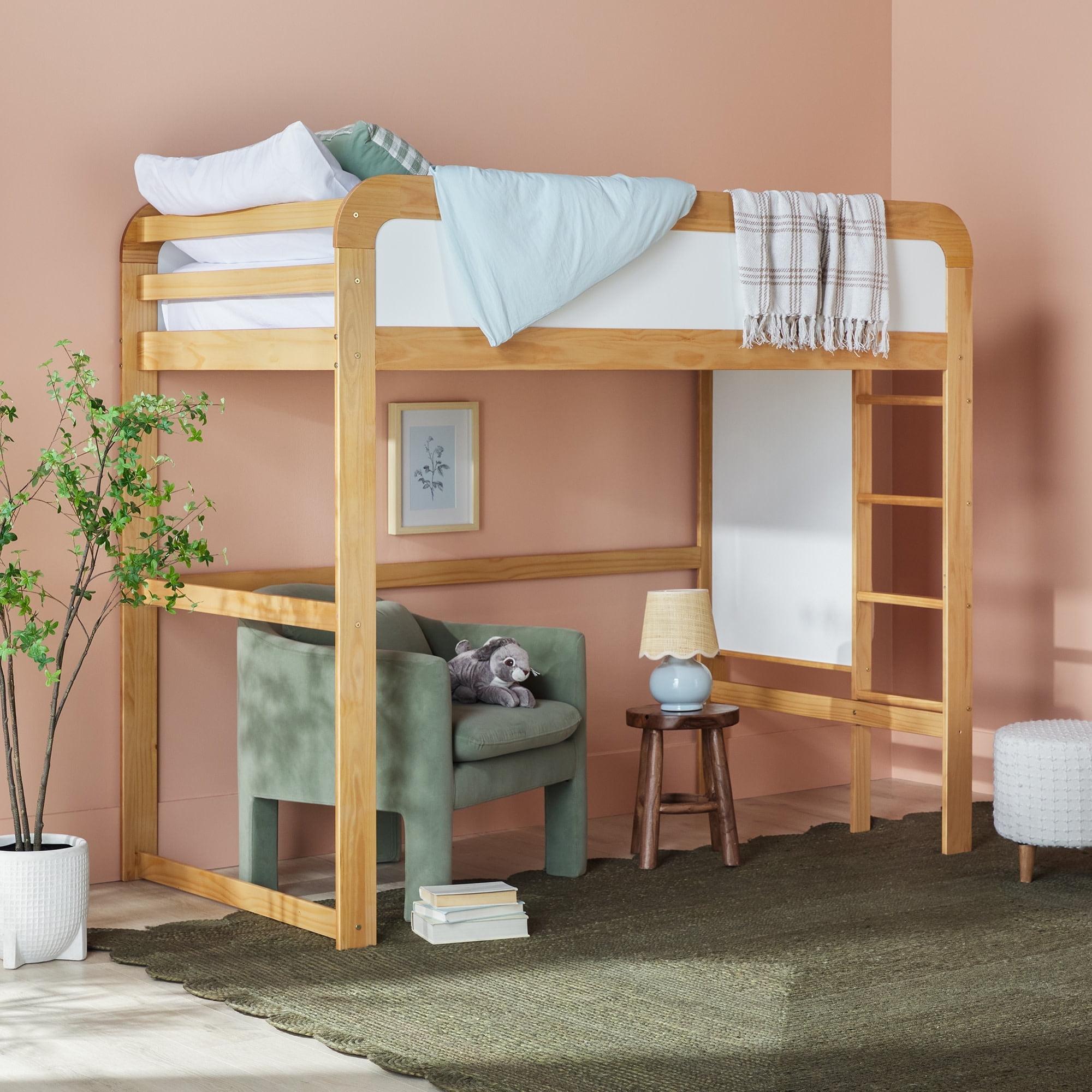 Walker Edison Contemporary Twin Loft Wooden Bed with Ladder, Natural Pine