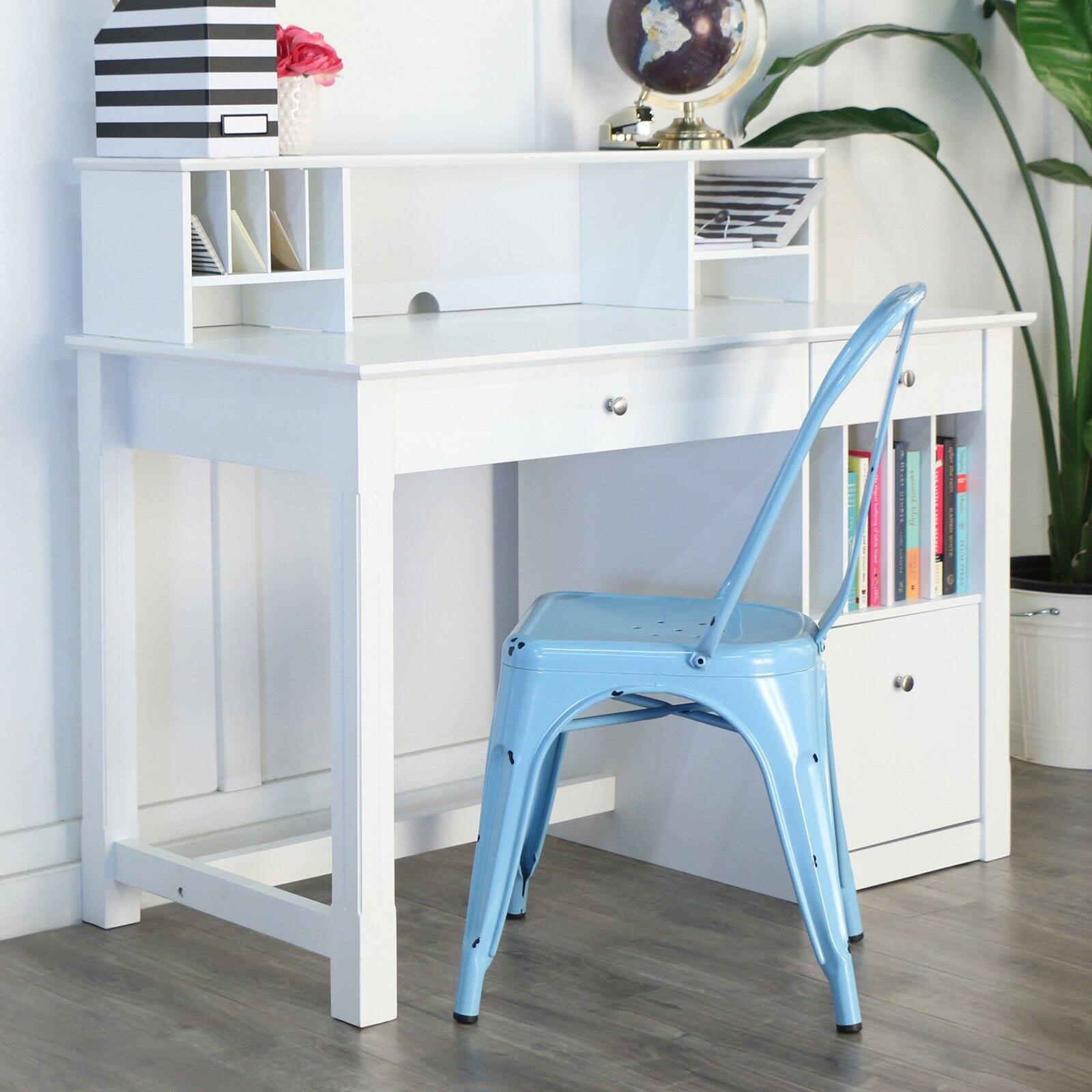White Hardwood Computer Desk with Hutch and Drawers