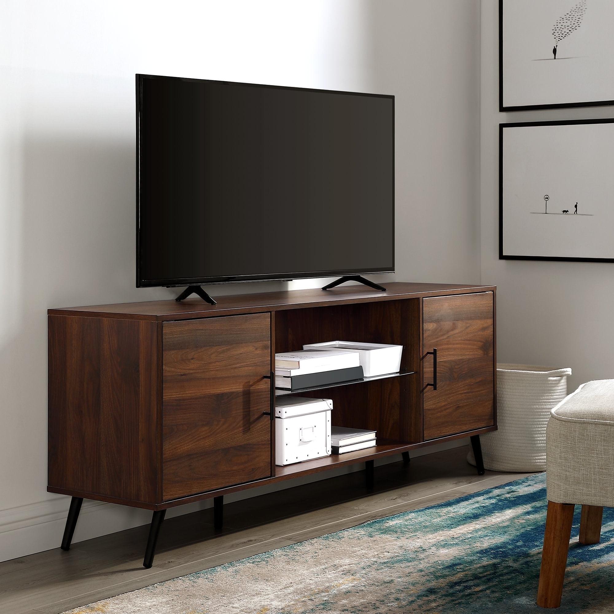 Walker Edison Thea Mid Century 2-Door TV Stand for TVs up to 68", Dark Walnut