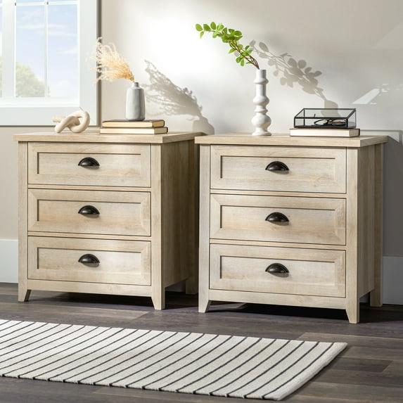 Walker Edison Farmhouse 3 Drawer Nightstand, Set of 2, White Oak