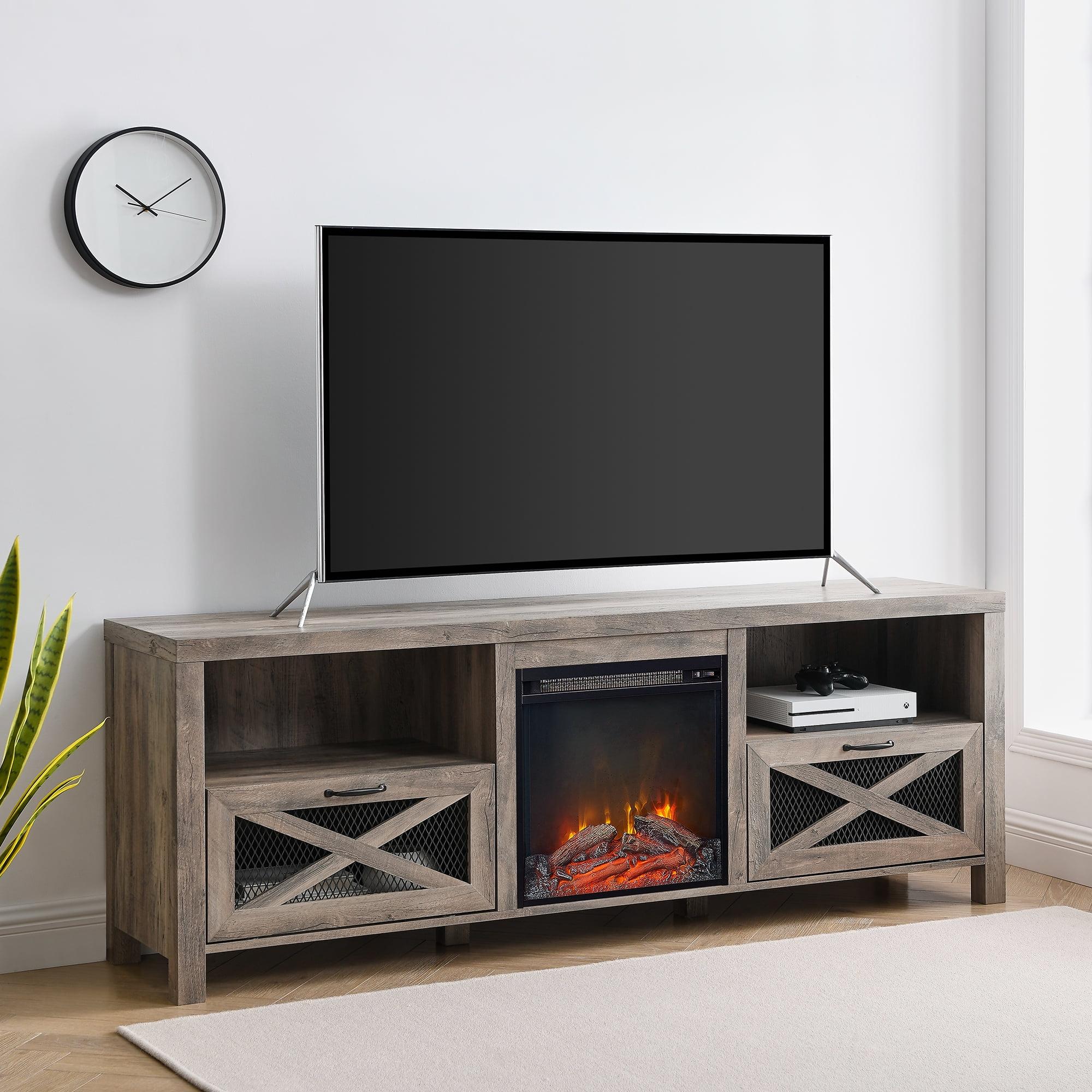 Grey Wash Rustic 70'' Electric Fireplace TV Stand with Cabinet Storage