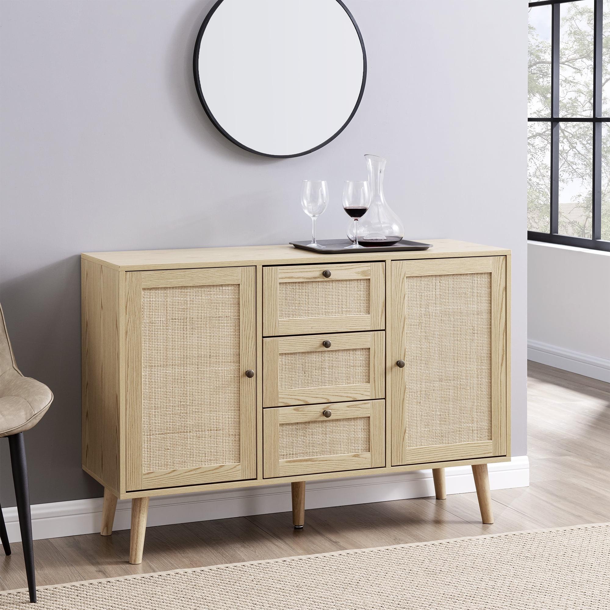 Natural Solid Wood and Rattan Sideboard with Drawers