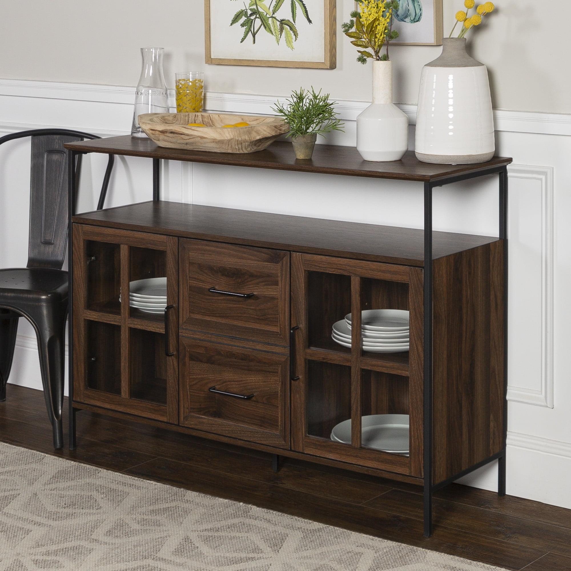 Dark Walnut Industrial 3-Door Buffet with Tempered Glass