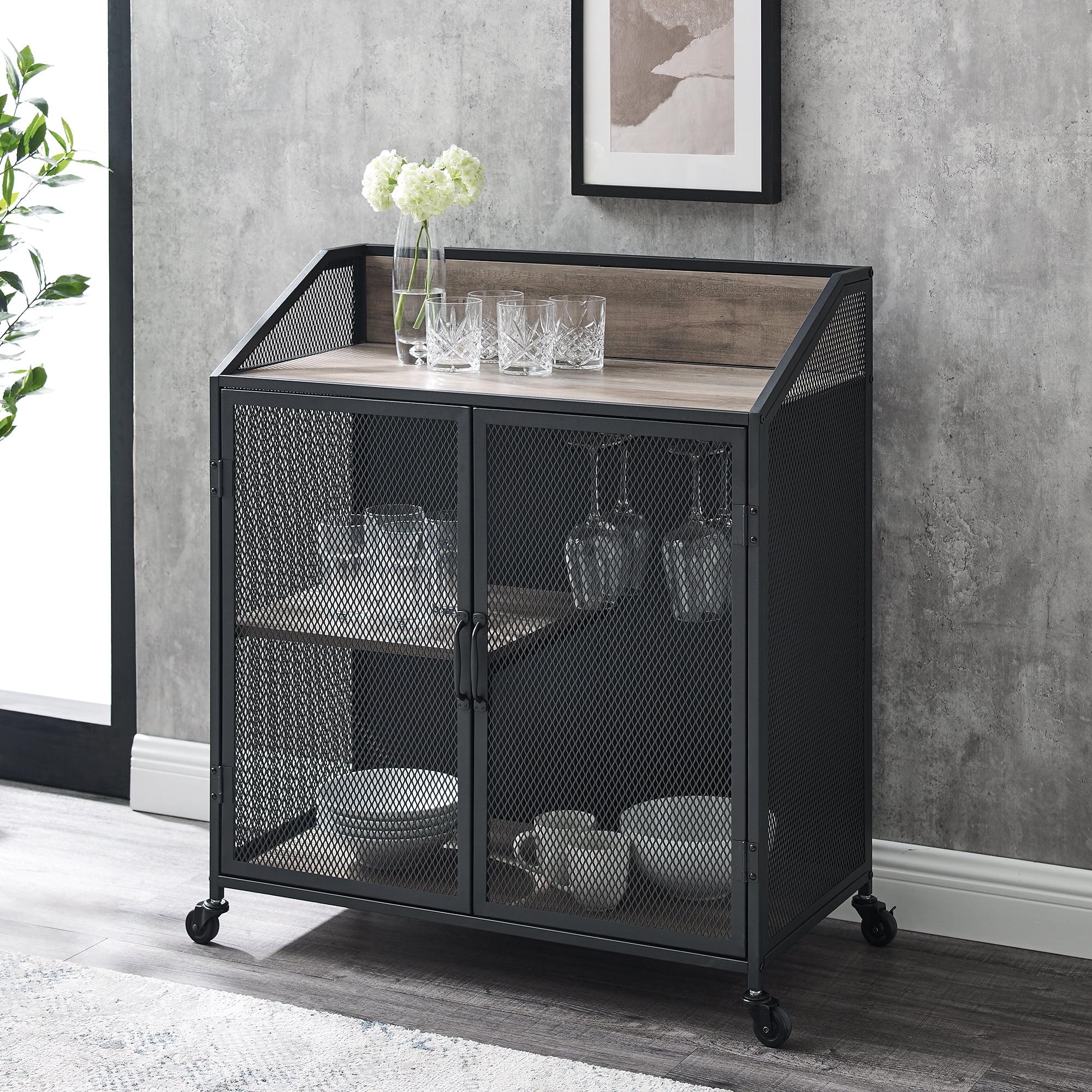 Urban Industrial Grey Wash Metal Mesh Rolling Bar Cabinet