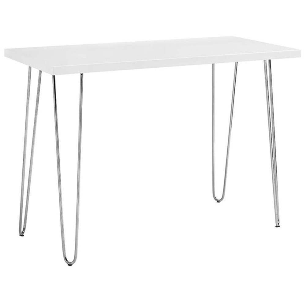 Walker Edison MDF Wood Writing Desk with Chrome Metal Legs in White