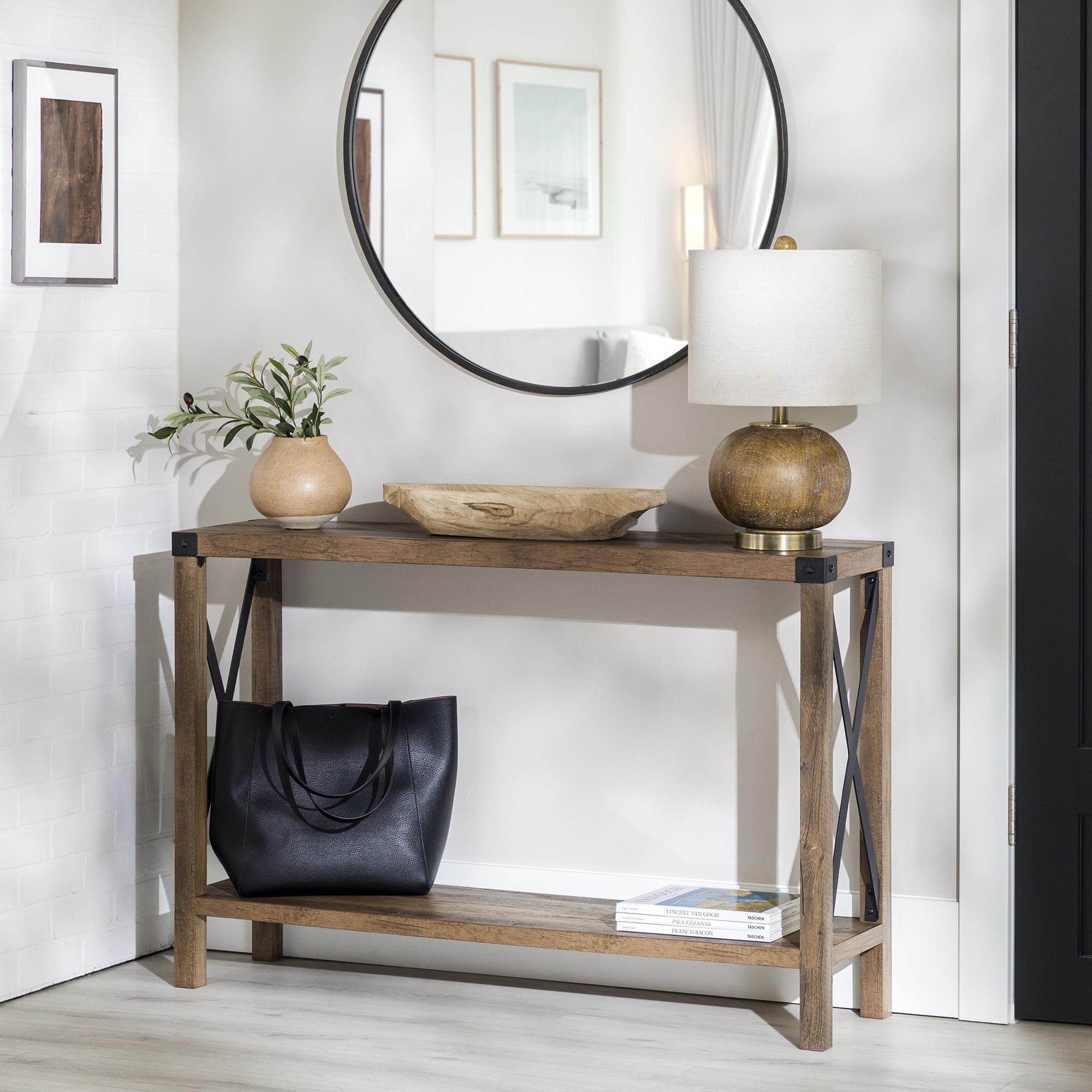 Rustic Oak and Metal Two-Tier Console Table with Storage