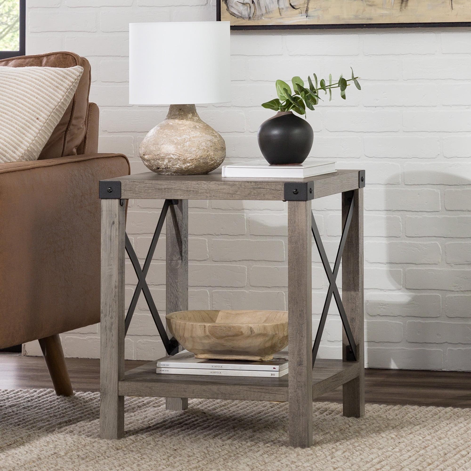 Modern Boho Wood & Metal Square Side Table with Open Shelf