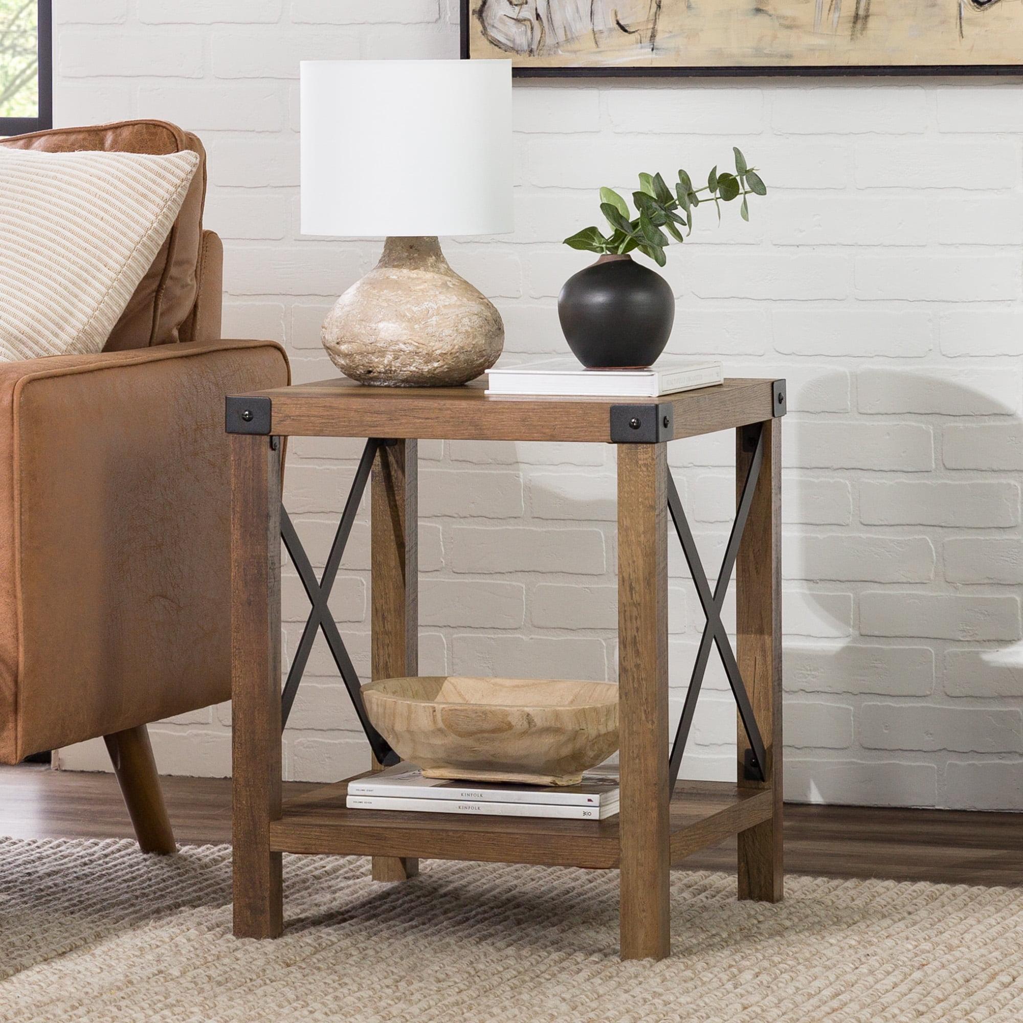 Rustic Oak and Metal Industrial Square End Table