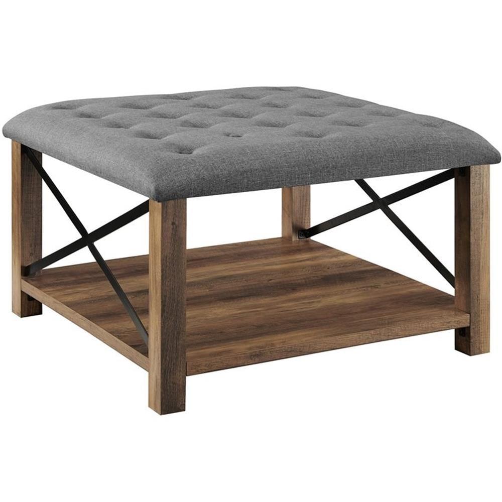 Walker Edison Marcus 30" Square Tufted Fabric Upholstered Ottoman in Gray