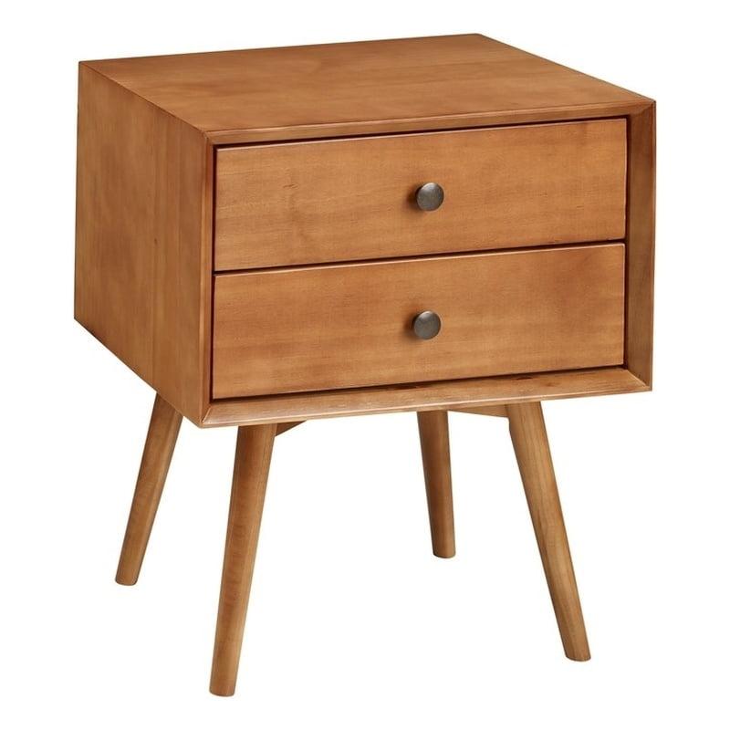 Caramel Pine 2-Drawer Nightstand with Tapered Legs and Antique Metal Handles