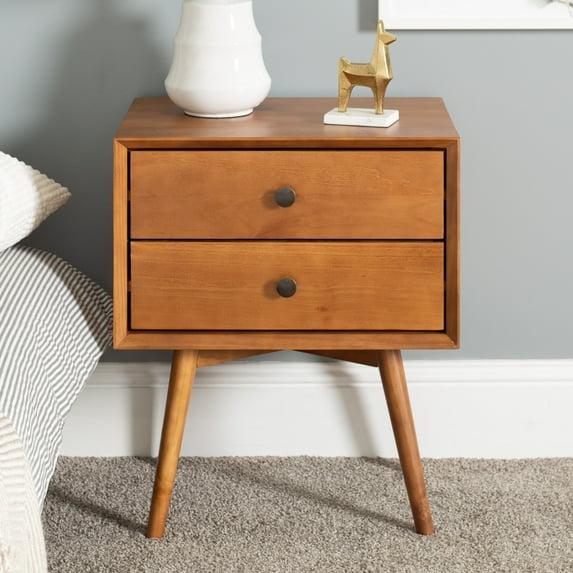 Greenberg 2 Drawer Mid-Century Modern Solid Wood Nightstand Caramel - Saracina Home: Pine, Beveled Edges, Antique-Finish Knobs