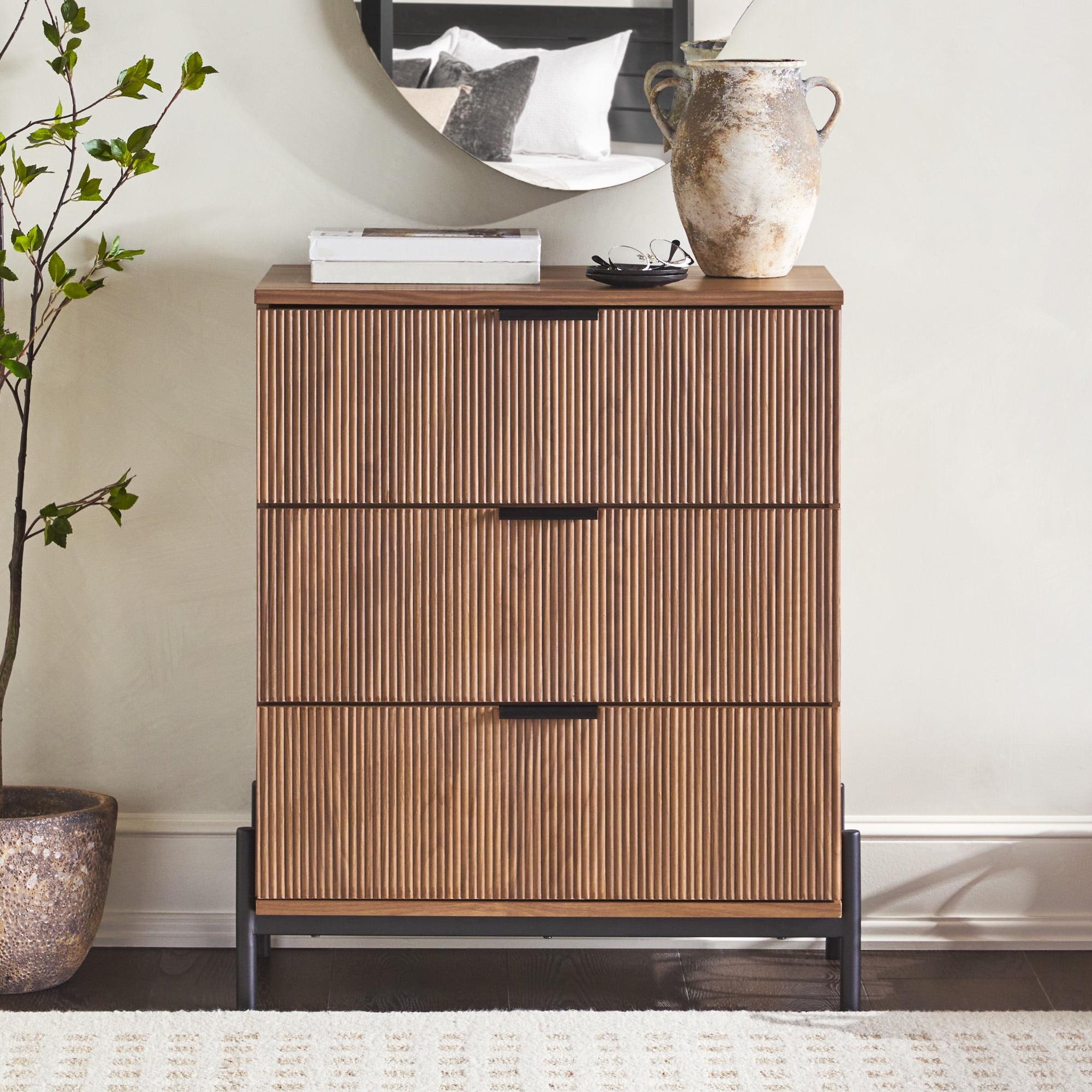 Walker Edison Mid-Century 3-Drawer Chest with Reeded Drawer Fronts, Mocha