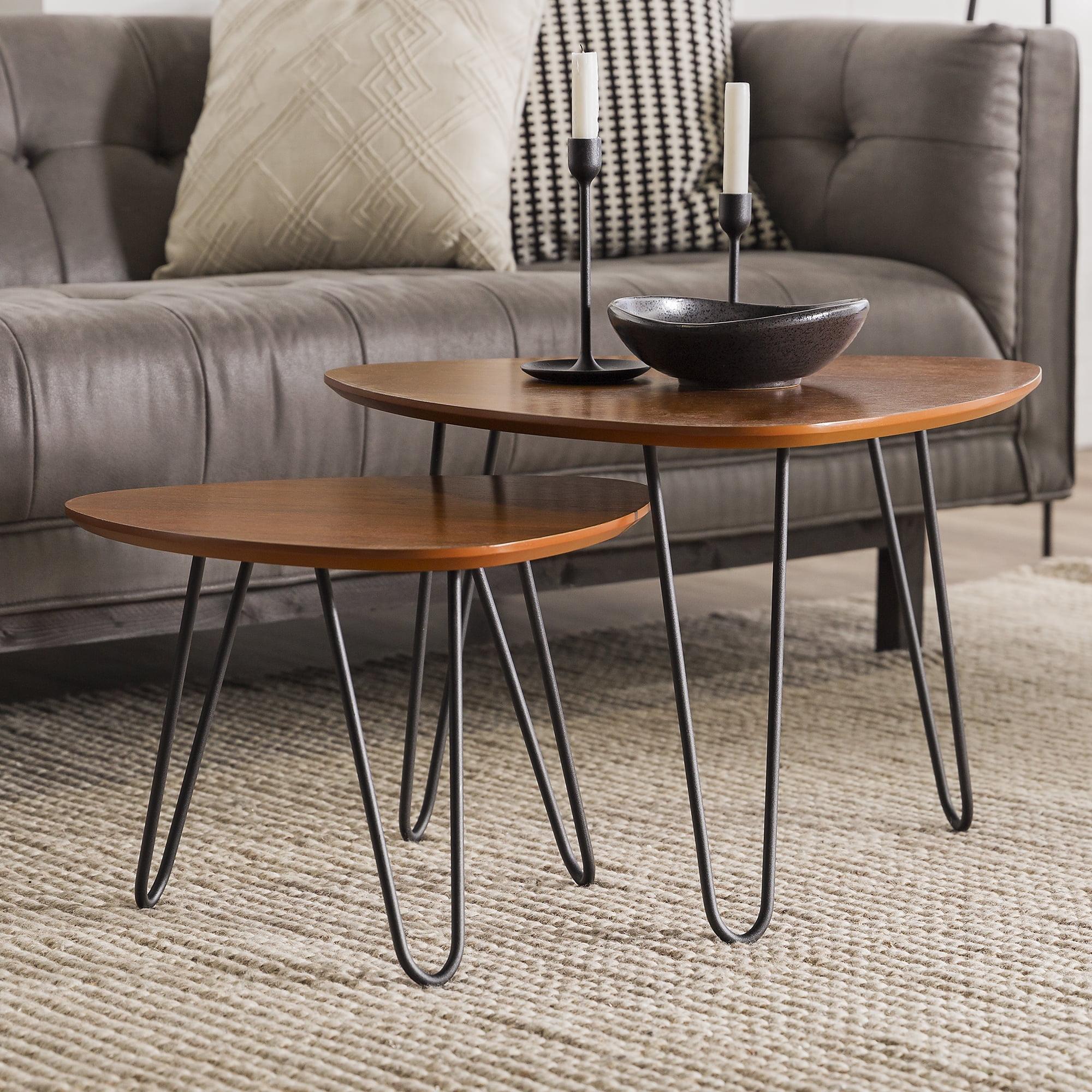 Walnut Triangular Wood Nesting Coffee Tables with Hairpin Legs