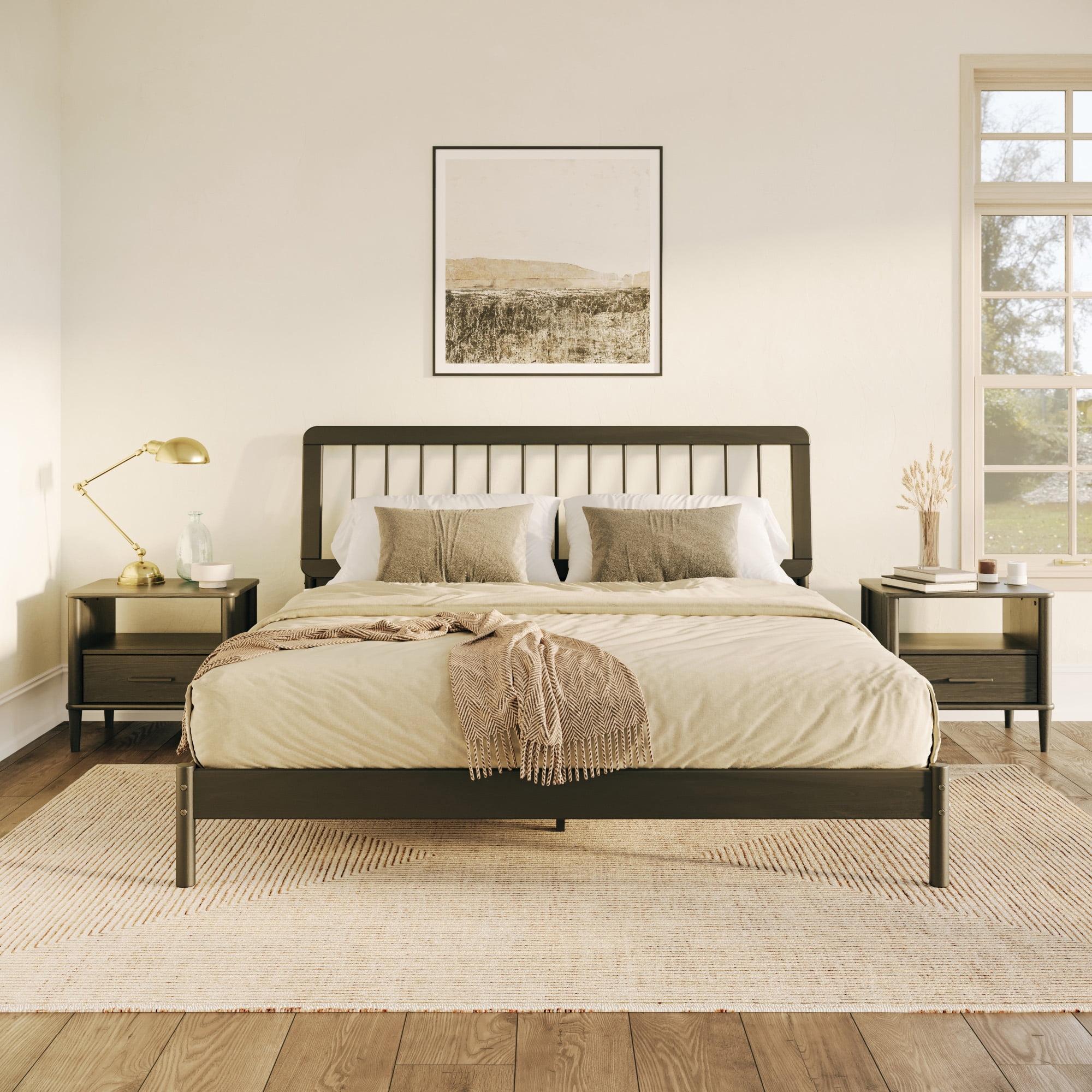 Black King Mid-Century Modern Pine Wood Bedframe with Slatted Headboard