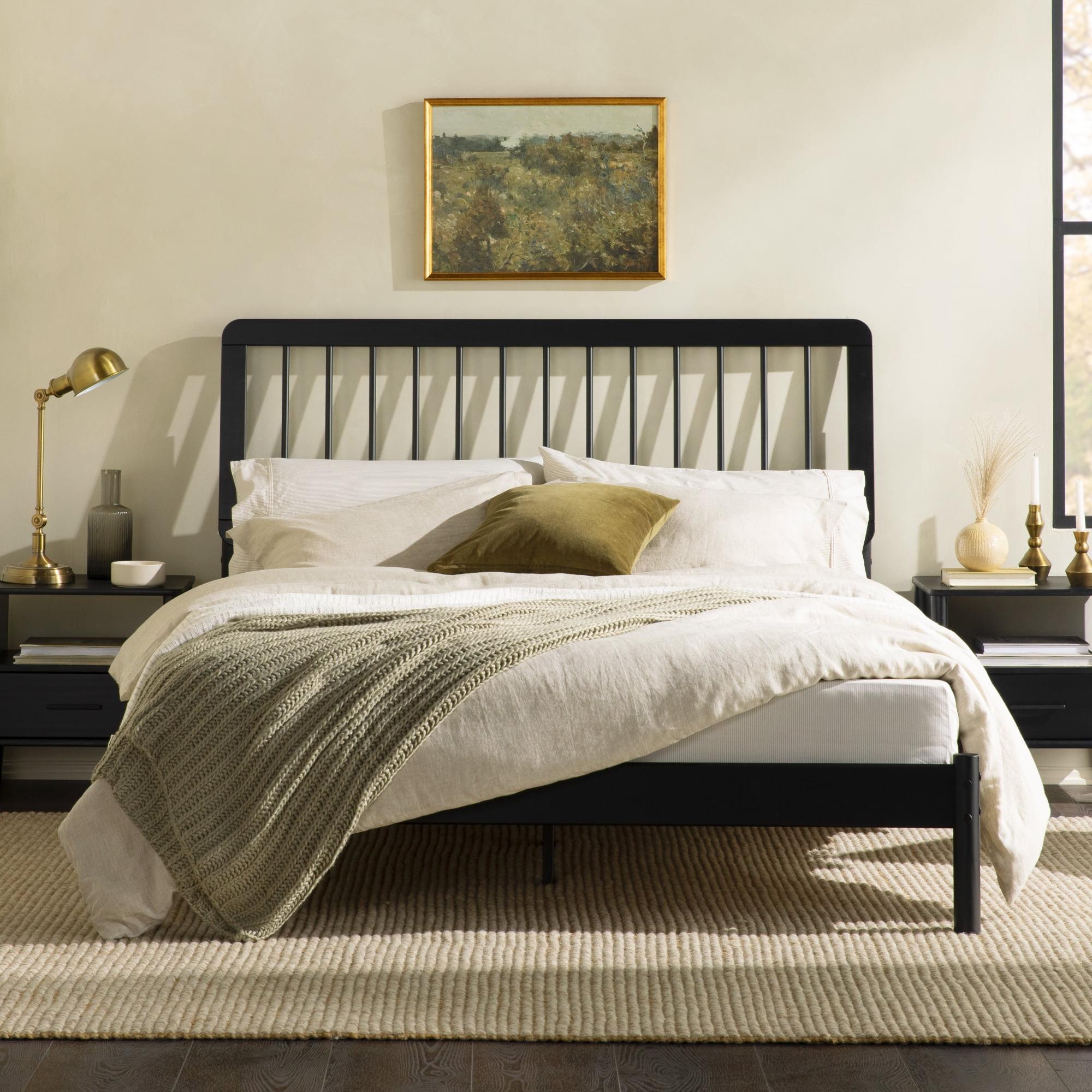 Black Pine Wood Queen Bedframe with Slatted Headboard