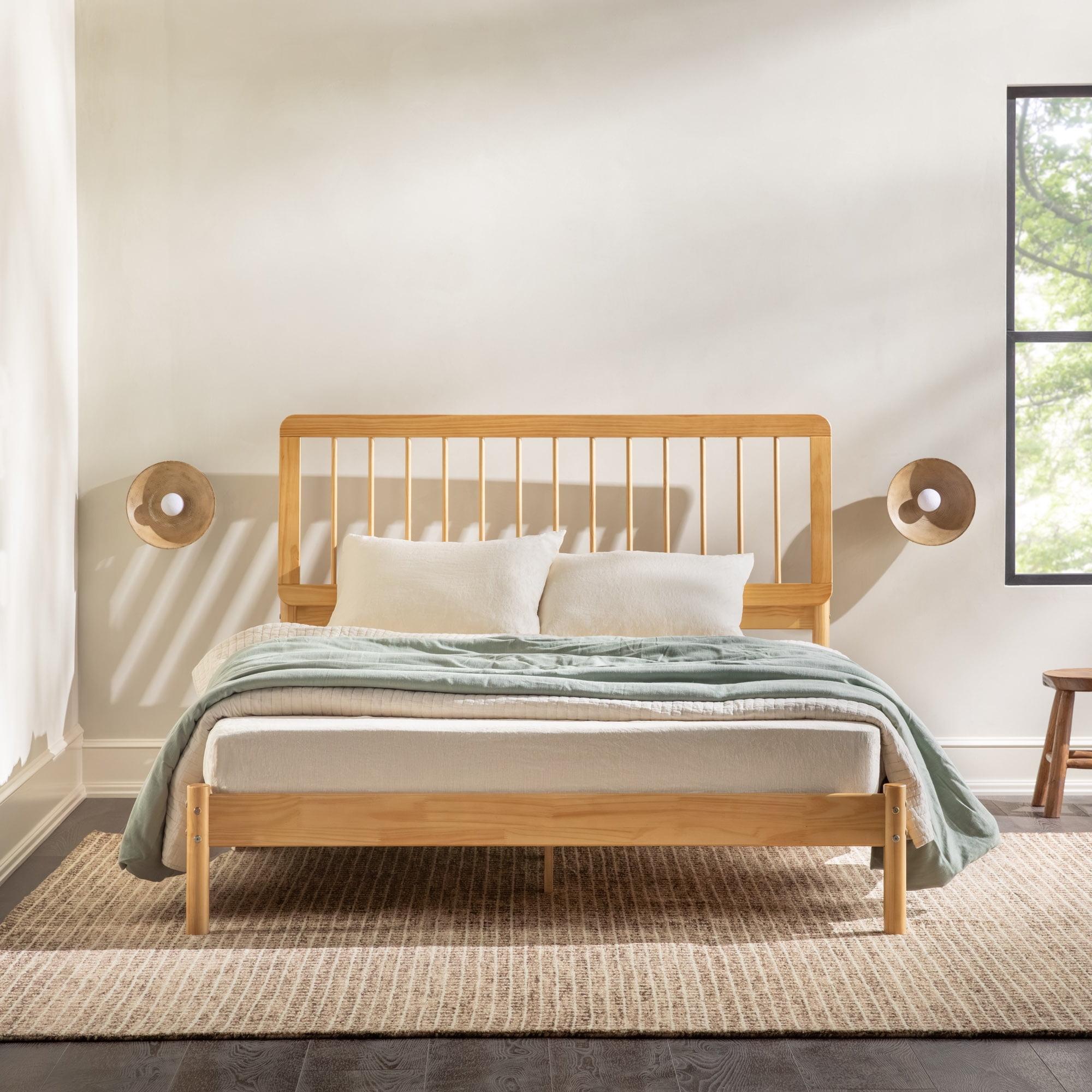 Walker Edison Mid-Century Modern Slatted Solid Wood Queen Bedframe, Natural Pine