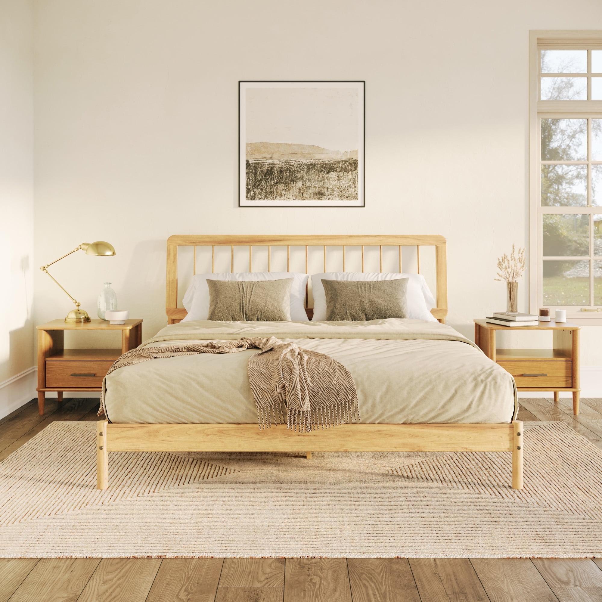 George Oliver Mid-Century Modern Solid Wood King Spindle Bed – Natural Pine