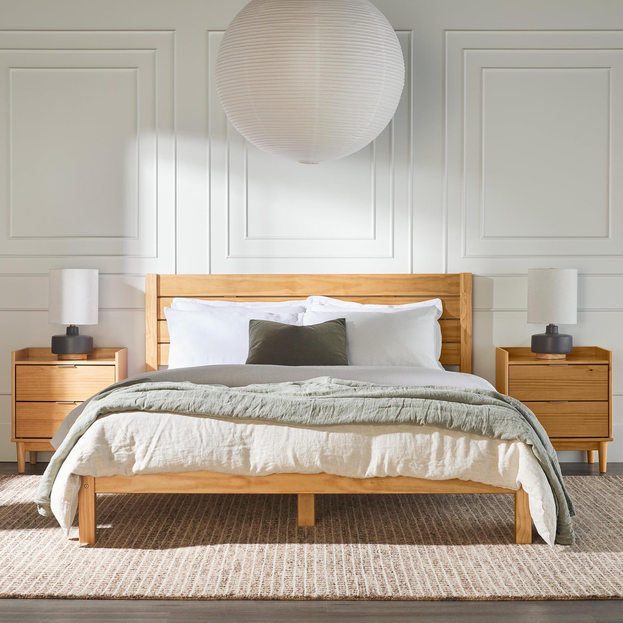 Walker Edison Minimalist Low Solid Wood Queen Bedframe, Natural Pine