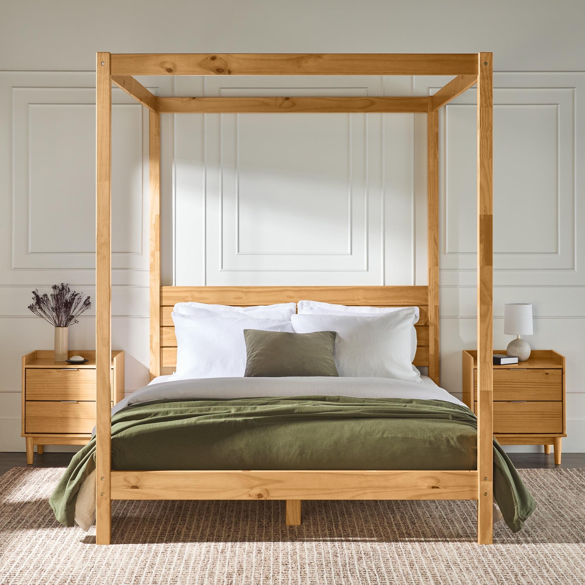 Walker Edison Minimalist Slatted Wood Queen Canopy Bedframe, Natural Pine