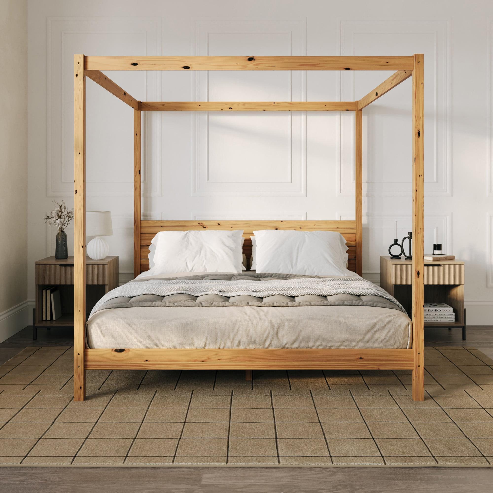 Walker Edison Minimalist Solid Wood King-Size Canopy Bedframe, Natural Pine