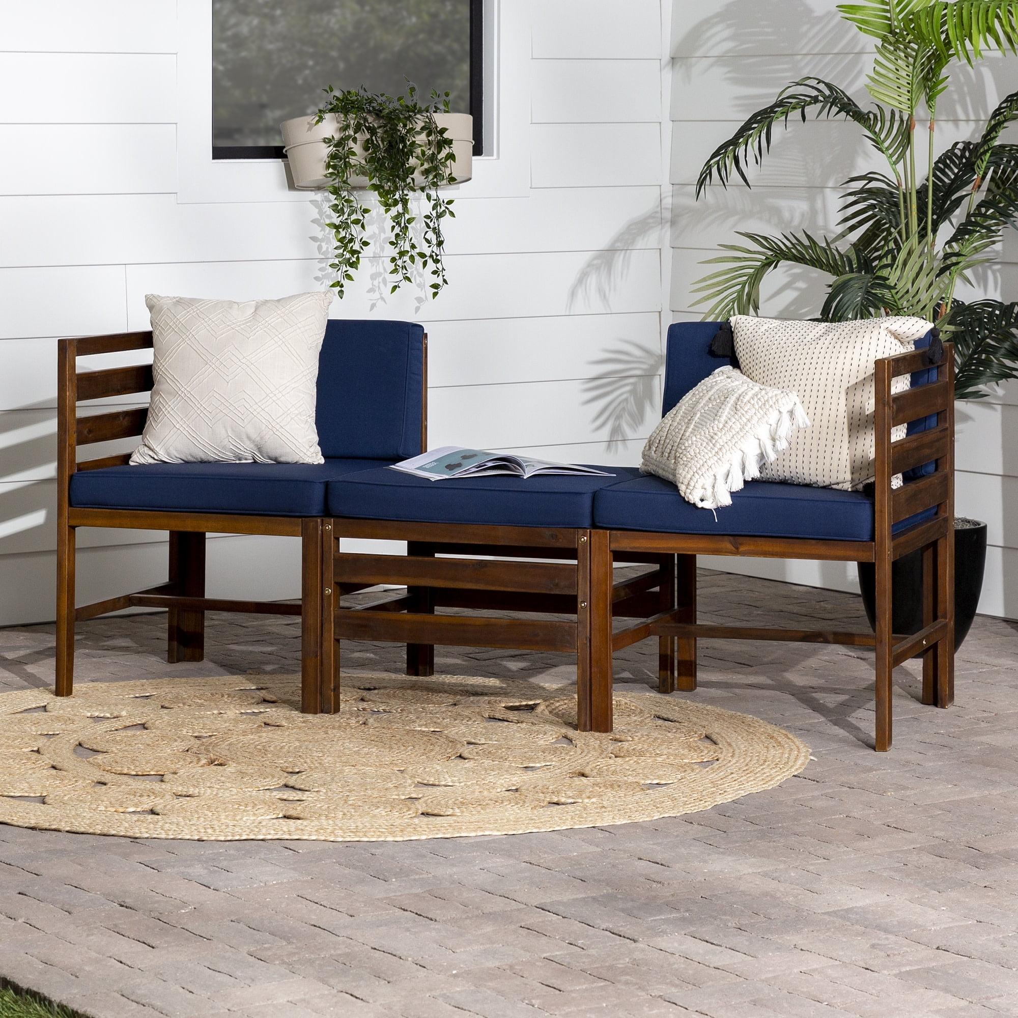 Walker Edison Modern Acacia Modular Patio Sofa Set, Dark Brown/Navy