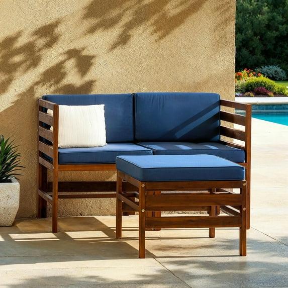 Walker Edison Modern Acacia Modular Patio Sofa Set, Dark Brown/Navy