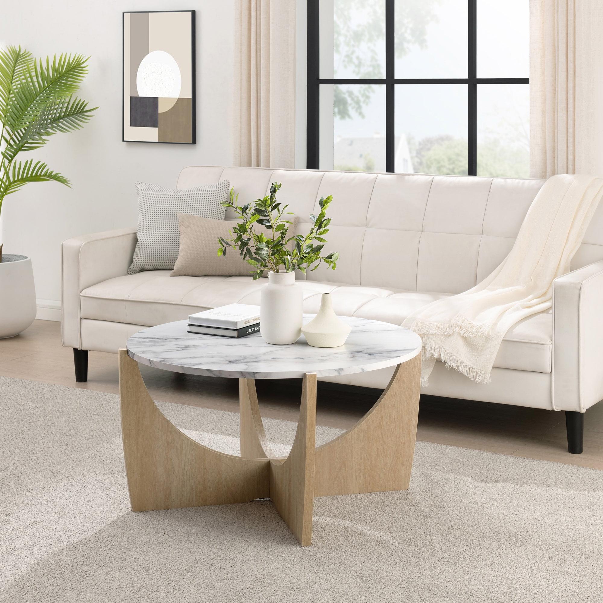 Walker Edison Modern Round Scoop-Base 35” Coffee Table - Calacatta Marble/Coastal Oak