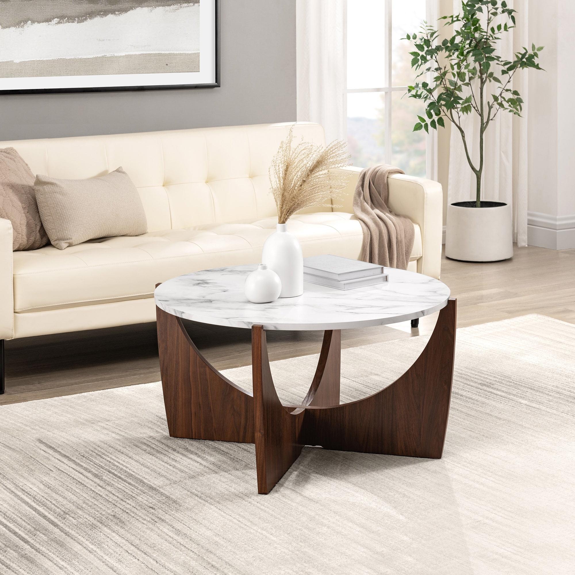 Walker Edison Modern Round Scoop-Base 35” Coffee Table - Calacatta Marble/Dark Walnut