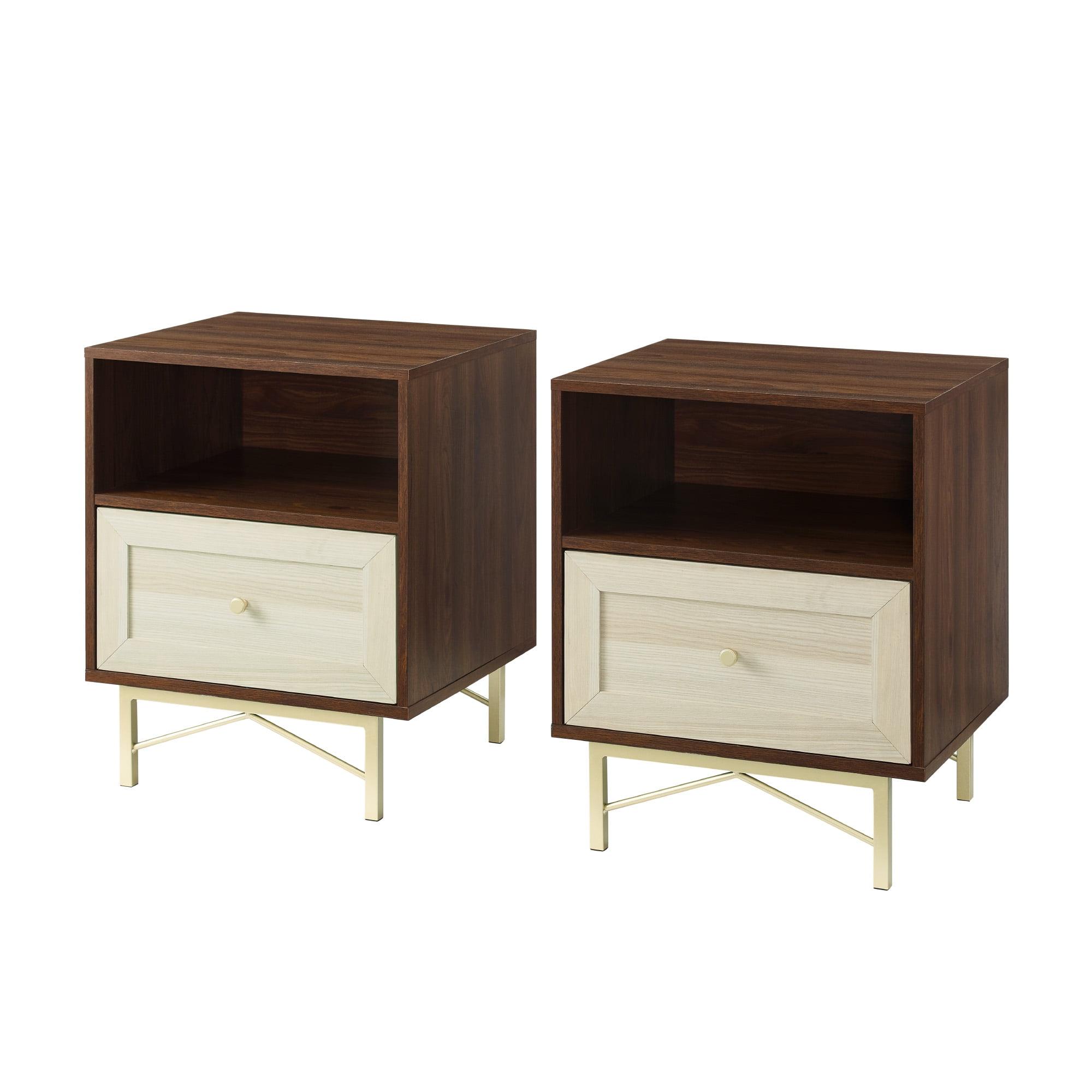 Dark Walnut and White Poplar Nightstands with Gold Metal Base, Set of 2