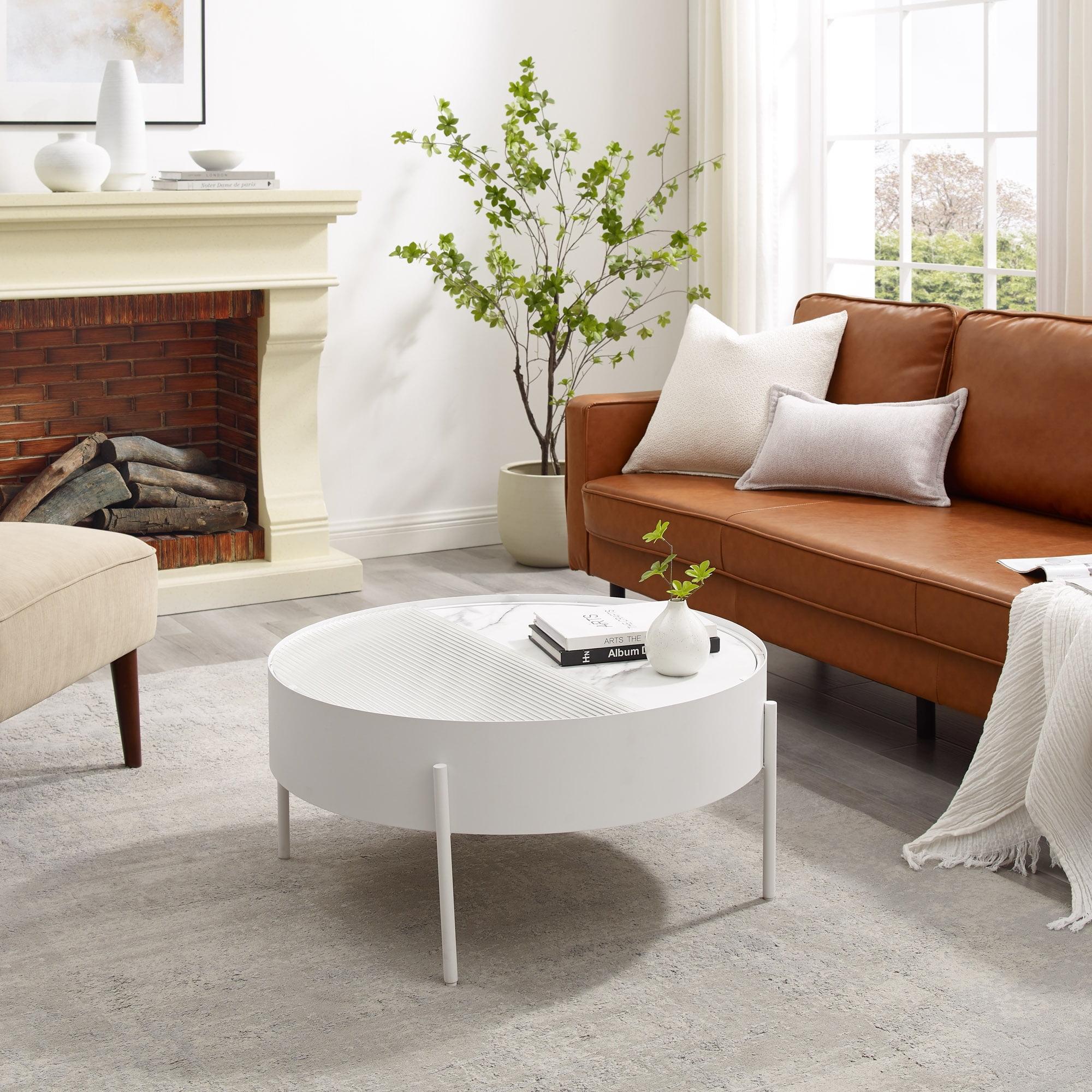 White Calacatta Marble Round Coffee Table with Fluted Glass