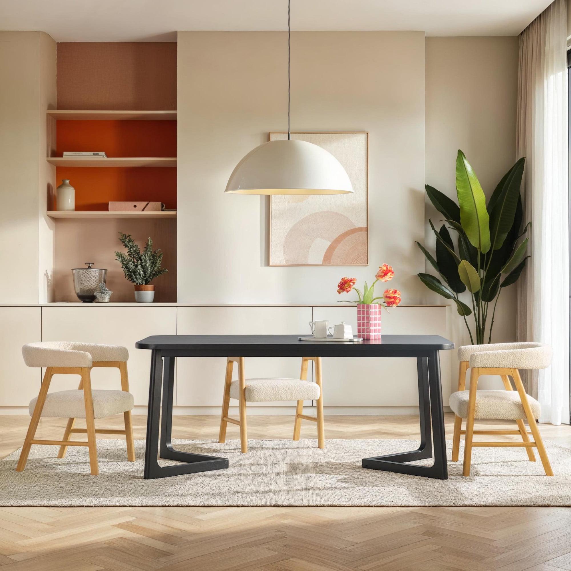 Modern Rectangle Solid Wood Veneer Dining Table for 6 with Geometric Leg Design