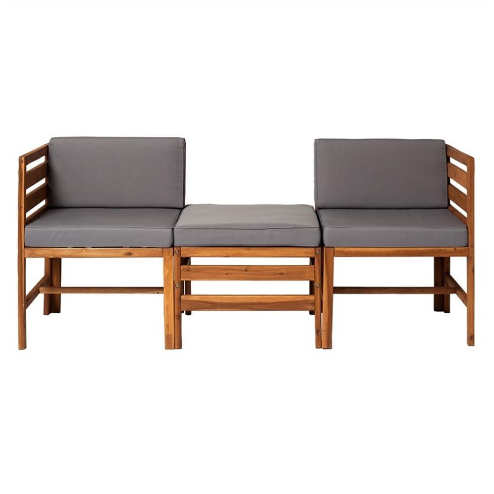 Walker Edison Modular Outdoor Acacia Chairs with Ottoman 3 Piece Set in Brown