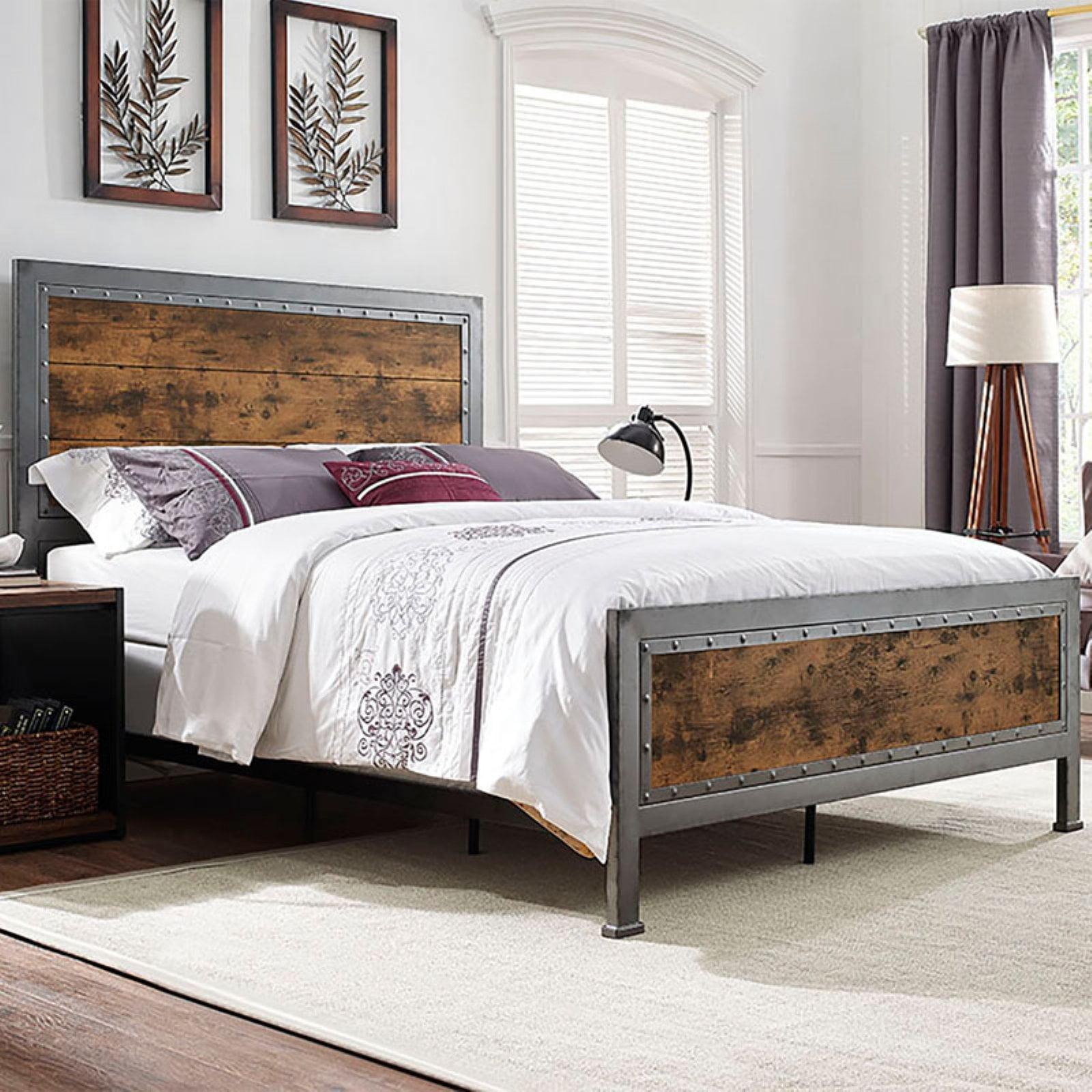 Walker Edison Queen Size Industrial Wood and Metal Bed - Brown