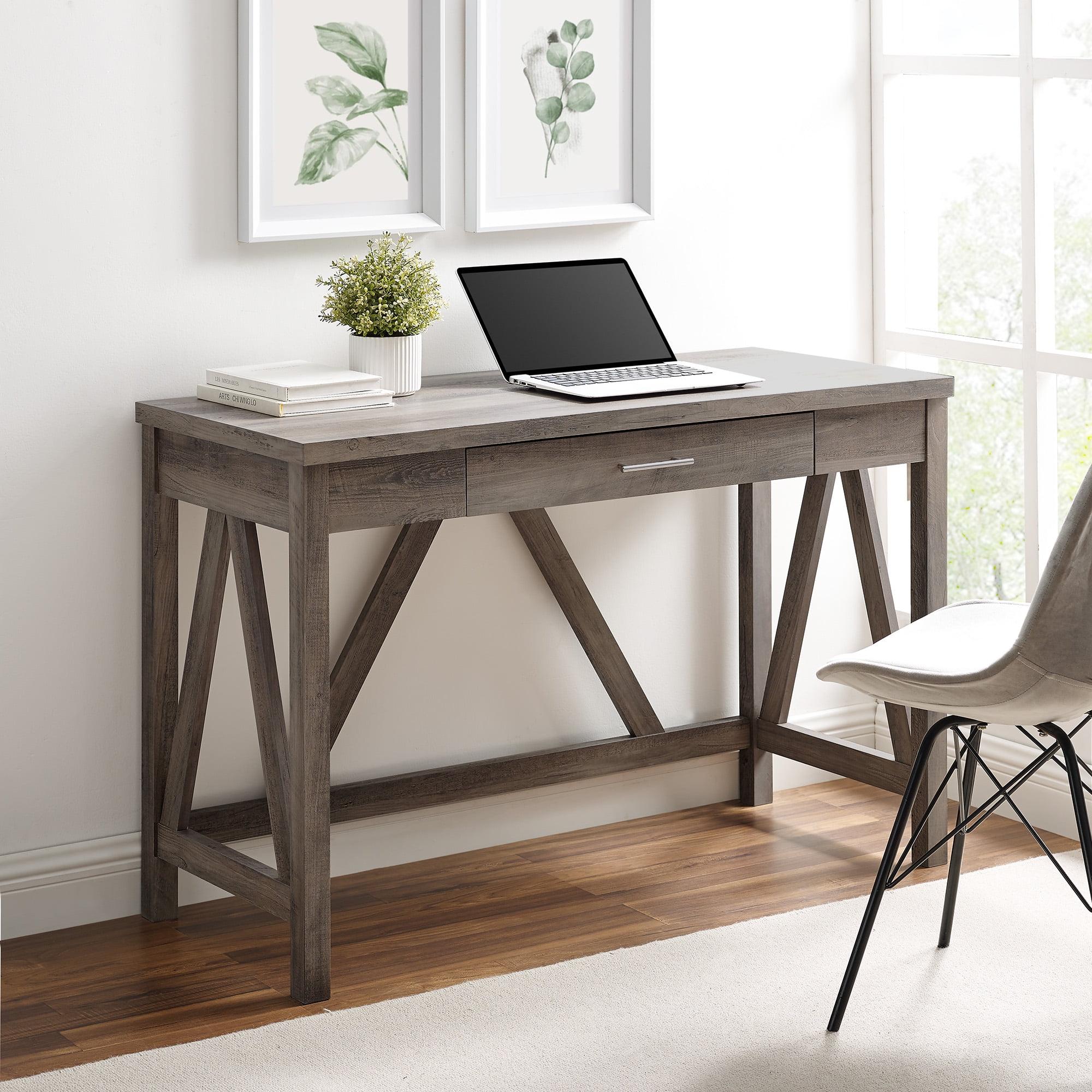 Rustic Grey Wash Wood Writing Desk with Drawer, 46 Inch