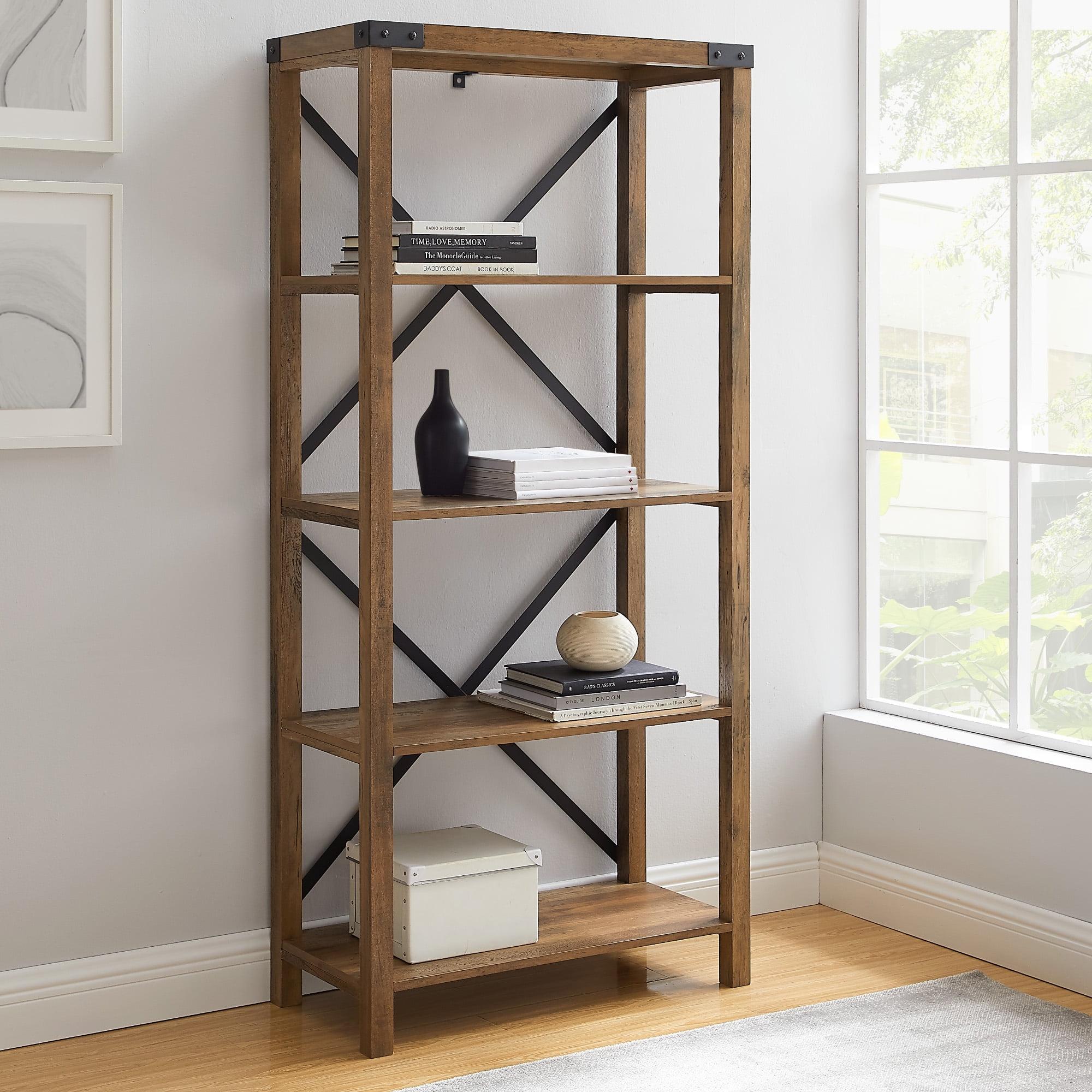 Rustic Oak Heavy-Duty 4-Shelf Wall Mount Bookshelf