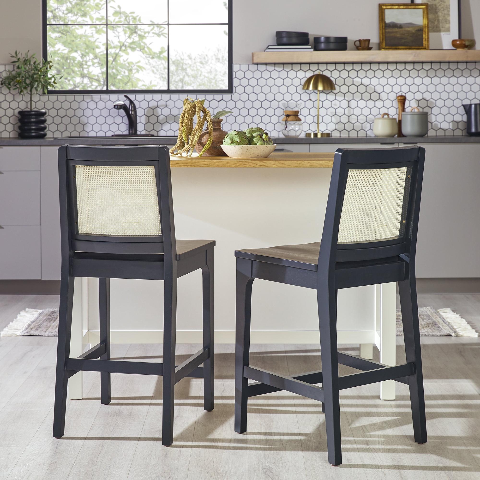 Black Solid Wood and Rattan Counter Stools, Set of 2