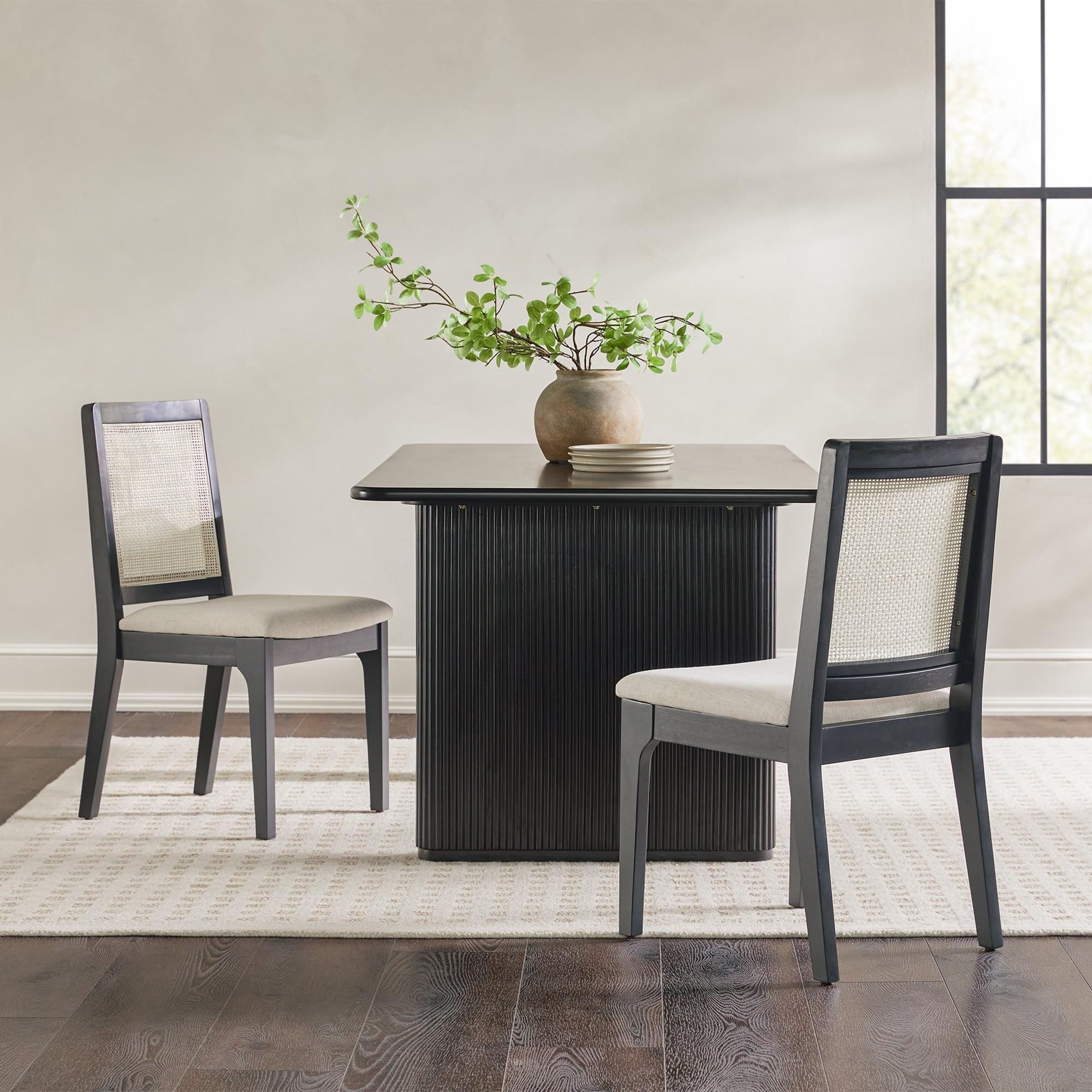 Black Solid Wood Dining Chair with Rattan Inset Back, Set of 2