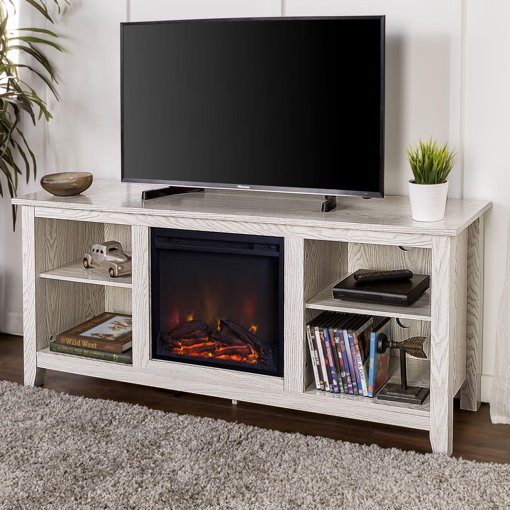 Whitewash 58" MDF Fireplace TV Stand with Shelves