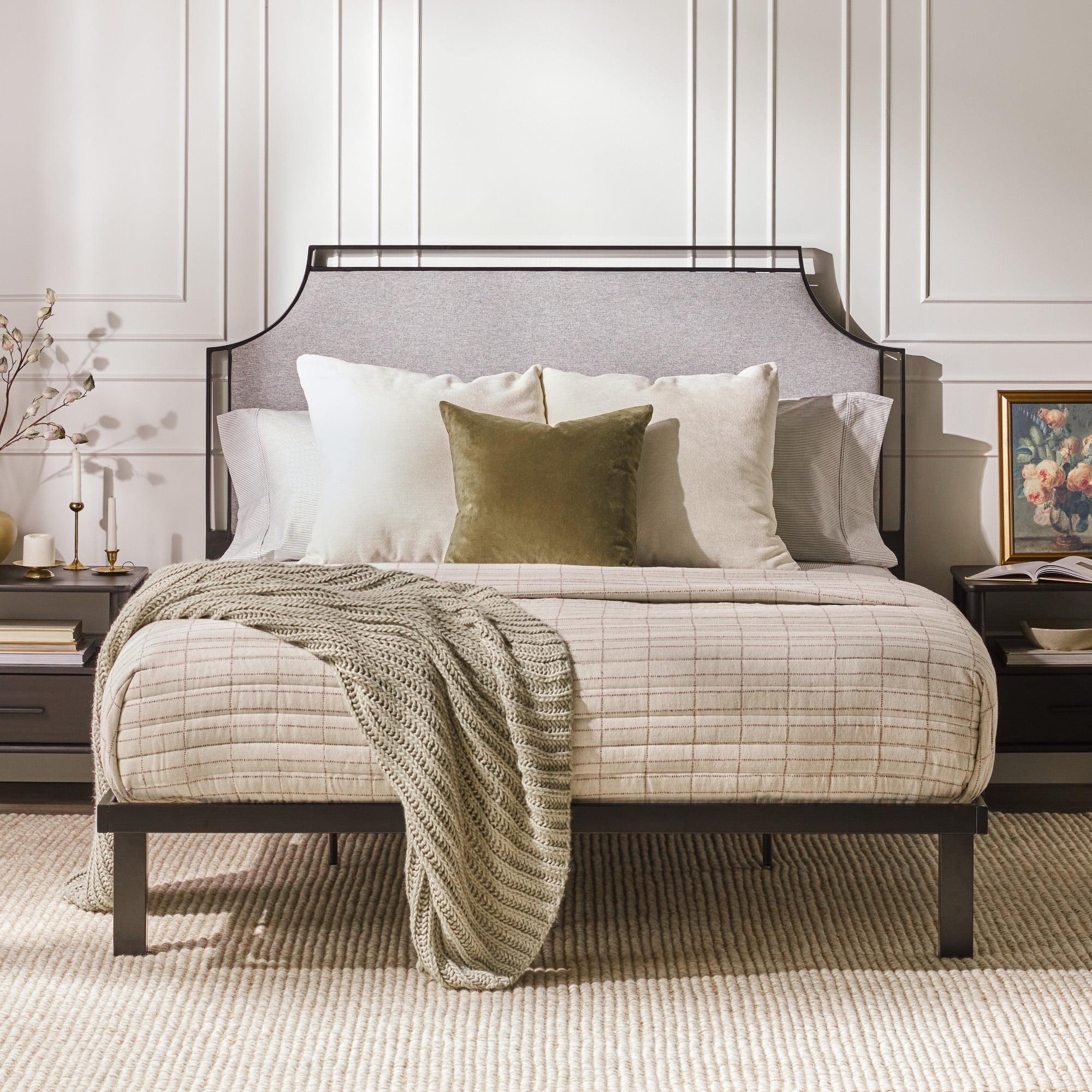 Gray Upholstered Metal Queen Bedframe with Headboard and Slats