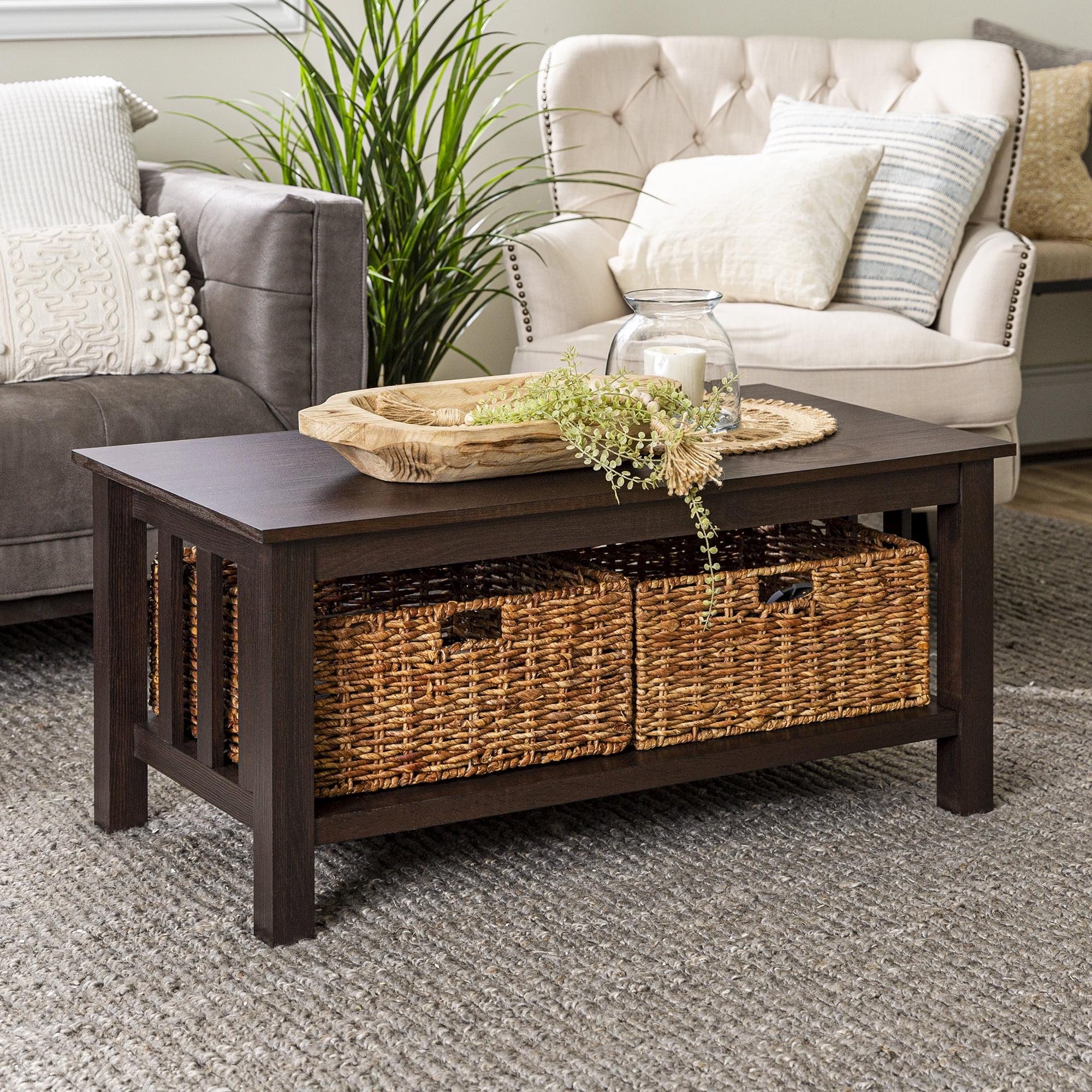 Walker Edison Traditional Storage Coffee Table with Bins, Espresso
