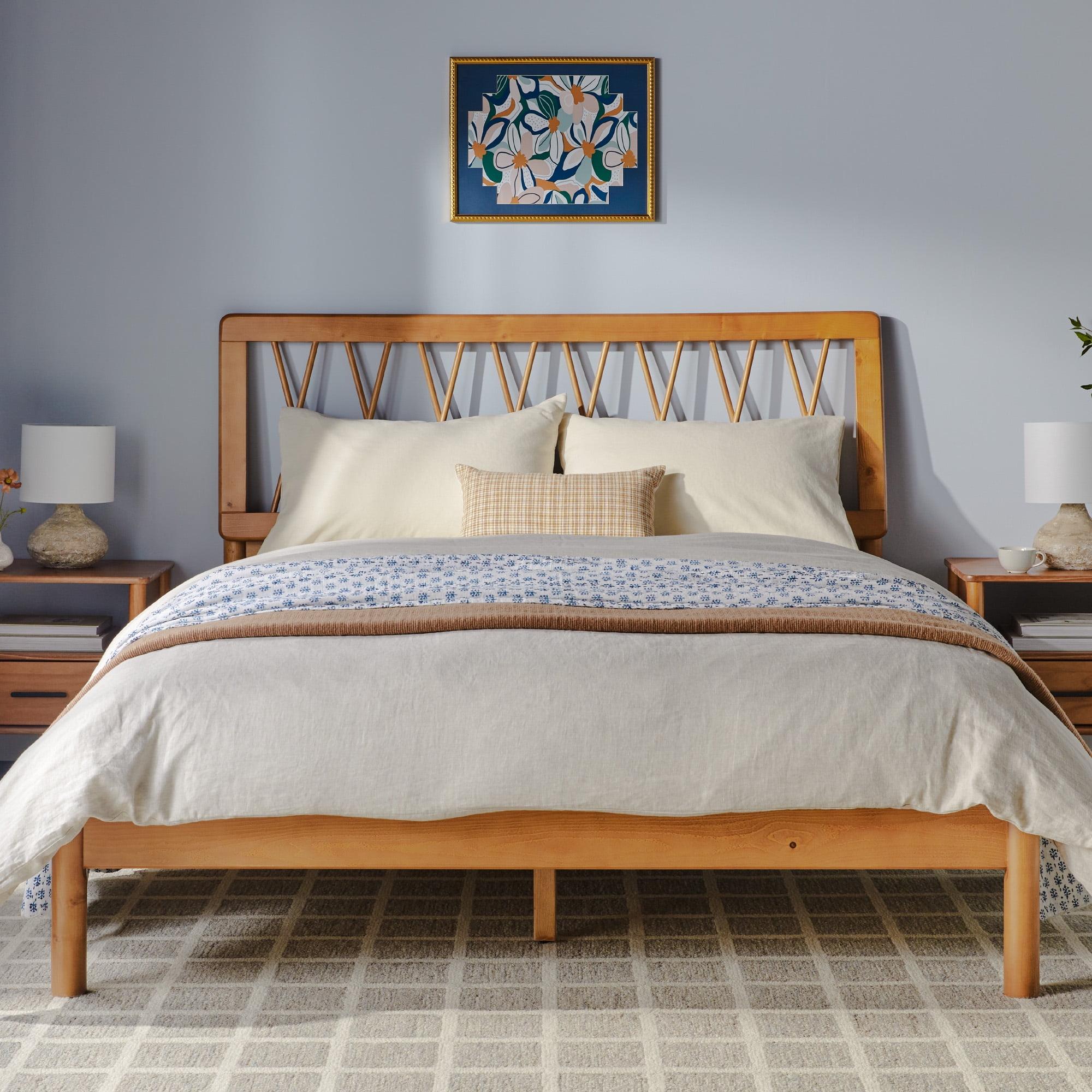 Caramel Pine Wood Queen Platform Bed with Geometric Headboard