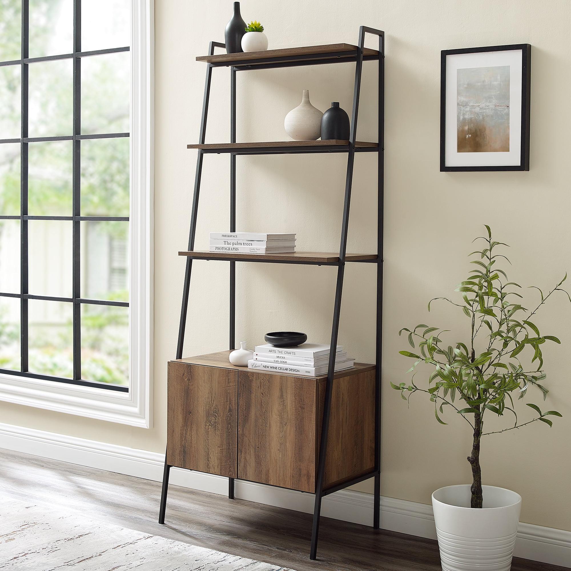 Rustic Oak 72" Ladder Bookcase with Cabinet Doors