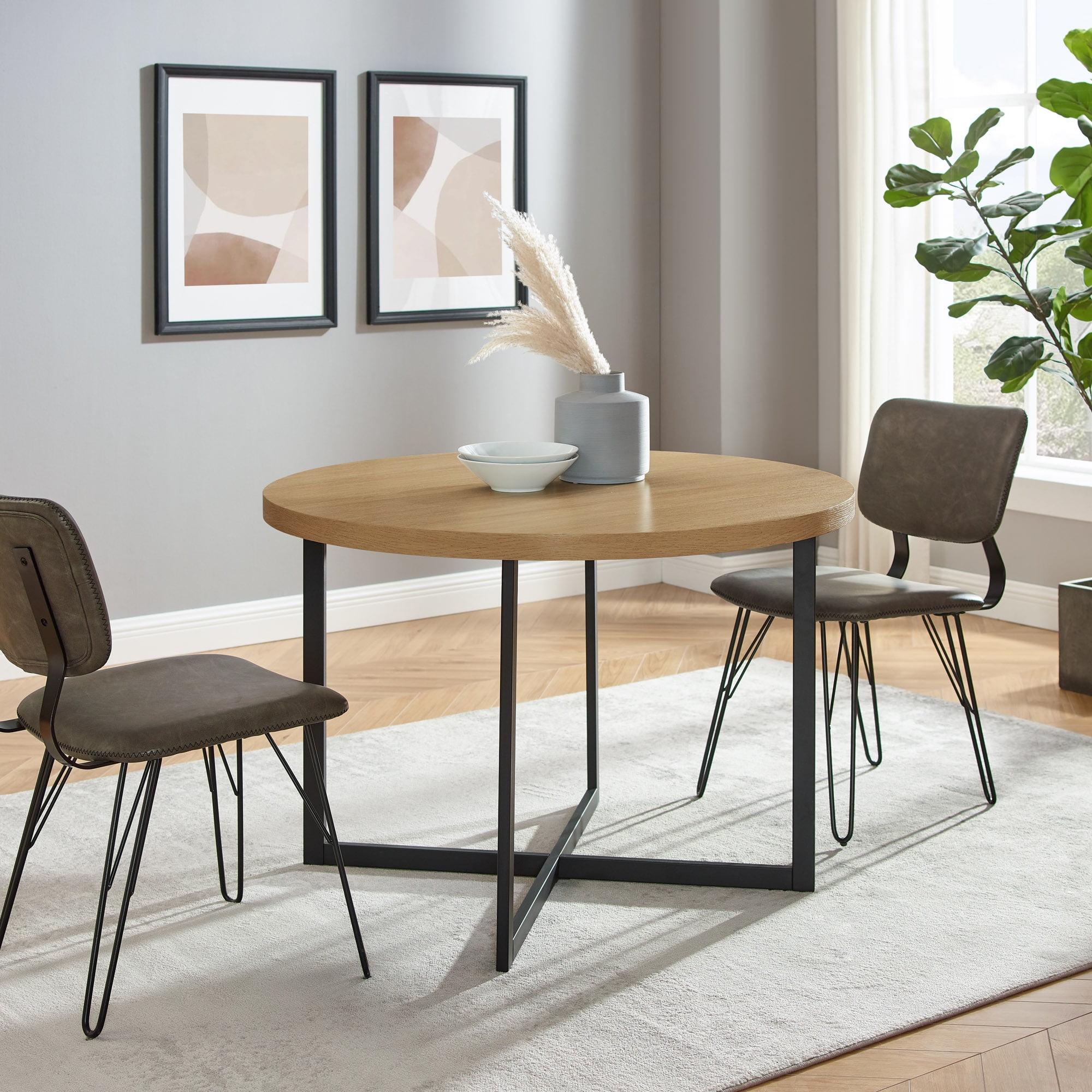 Coastal Oak and Black Round Mid-Century Modern Dining Table