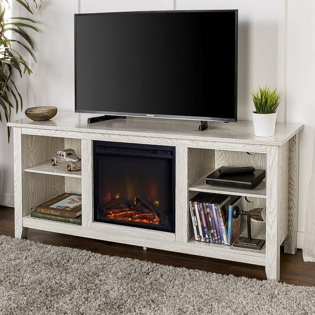 Walker Edison Wren Classic 4 Cubby Fireplace TV Stand for TVs up to 65 Inches, 58 Inch, White Wash