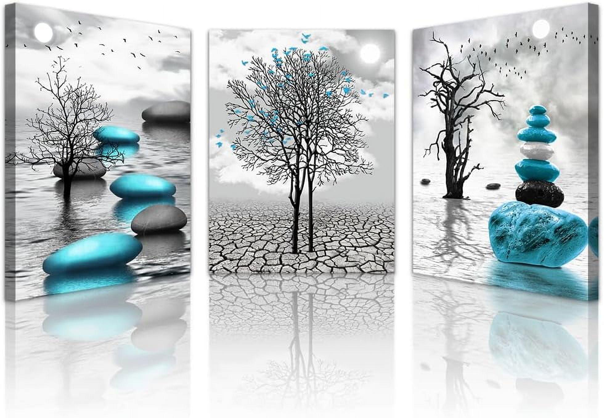 Canvas Wall Art for Living Room Wall Decor for Bedroom Bathroom Black and White Paintings Modern 3 Piece Framed Canvas Art Prints Ready to Hang Inspirational Abstract Blue Pictures Home Decorations