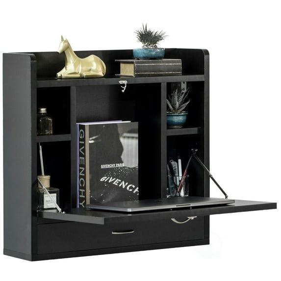 Basicwise Wall Mount Folding Laptop Writing Computer or Makeup Desk with Storage Shelves and Drawer, Black